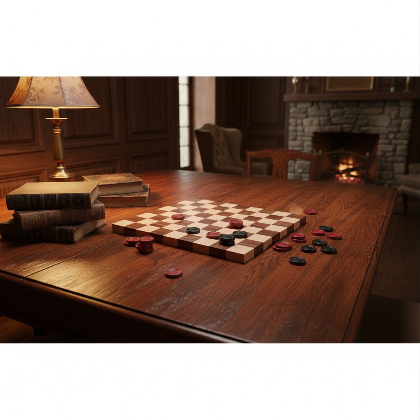 Maple and walnut hardwood 18-inch chess and checkers wooden game board with detailed grain and natural finish.
