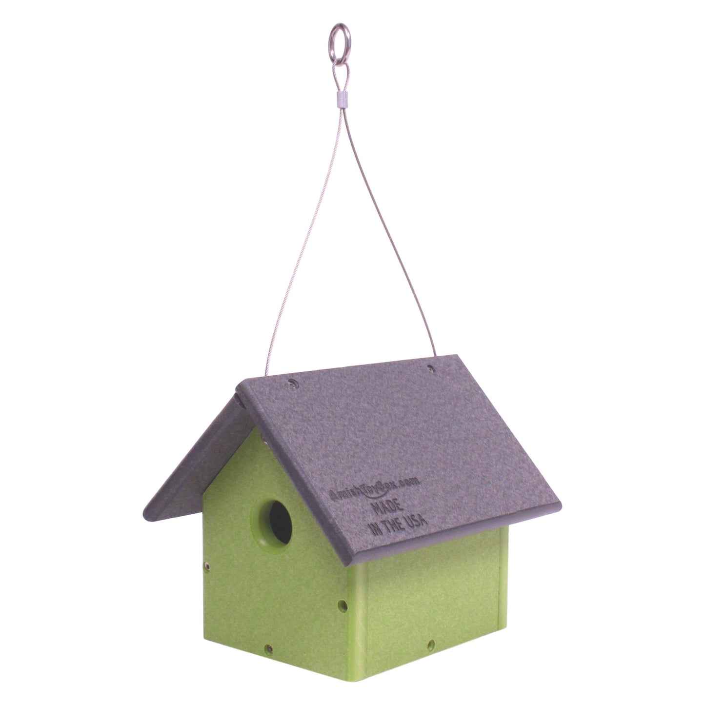 Amish-made poly lumber bird house for chickadees or wrens, with a small entry hole and natural wood finish.