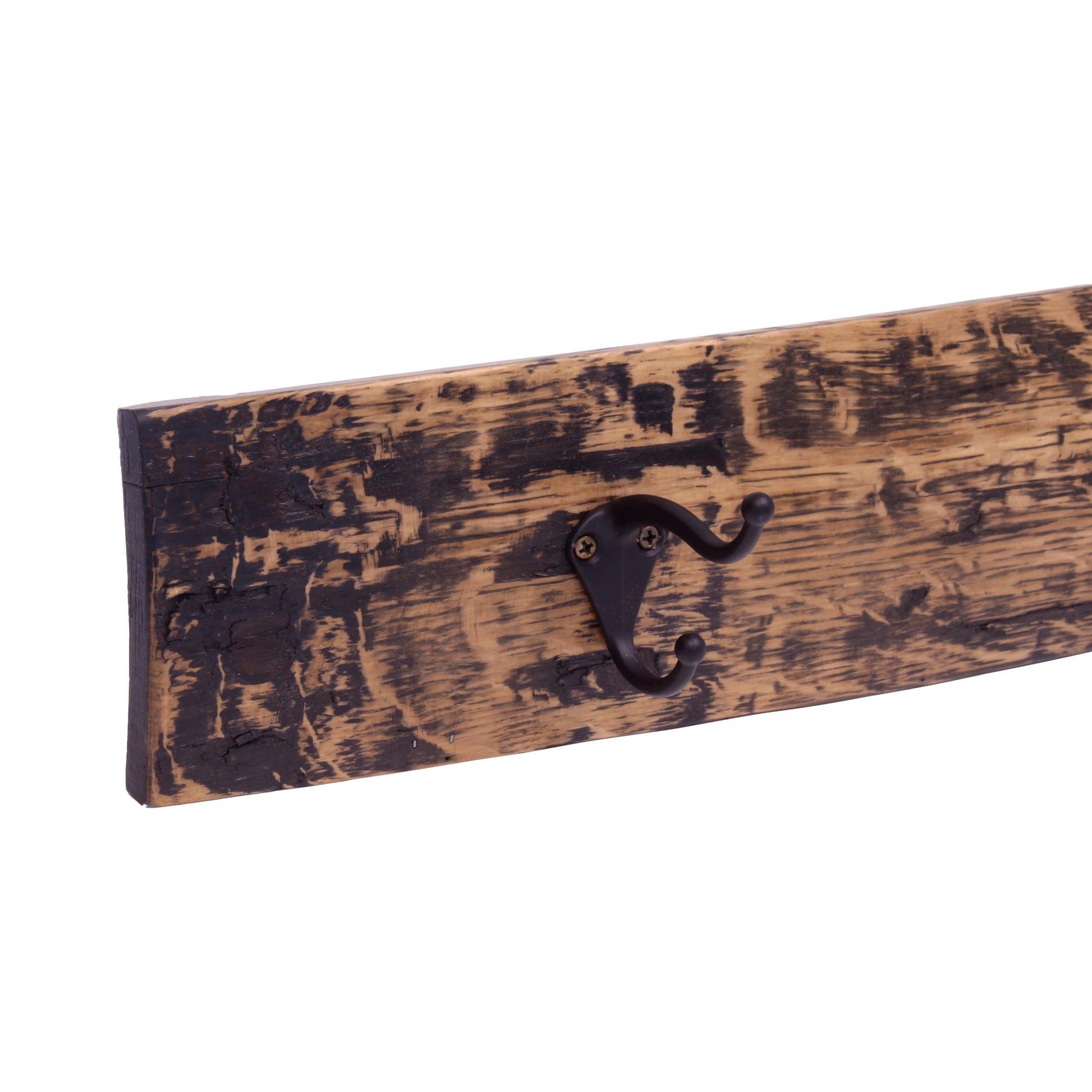 Rustic wooden coat rack with four metal hooks made from reclaimed whiskey barrel staves, handcrafted by AmishToyBox.com