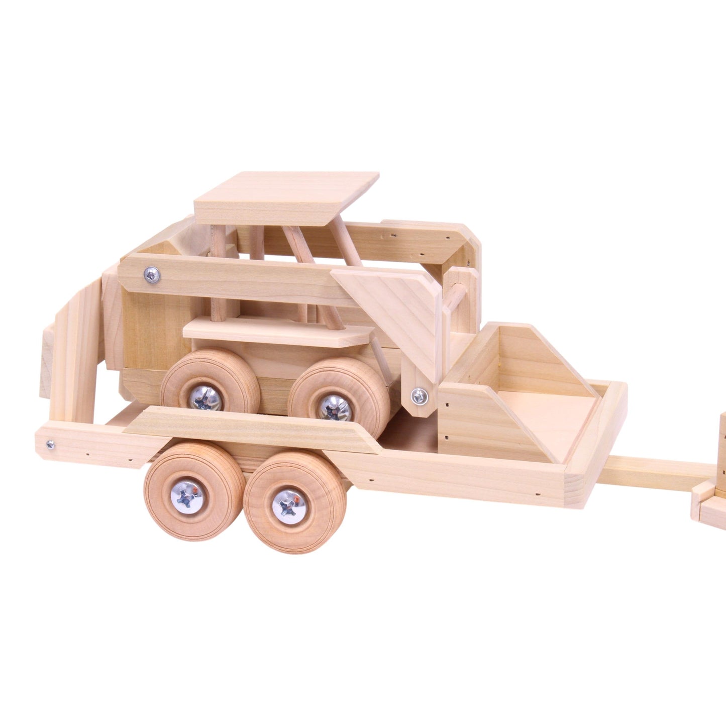 Wooden toy pickup truck and flatbed trailer with skidloader set, handcrafted wooden train and truck toys for children.