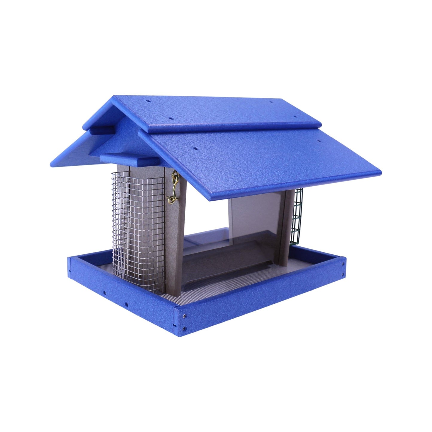 Eco-friendly AmishToyBox.com classic bird feeder with suet holder and peanut feeder mounted on a post in a garden setting
