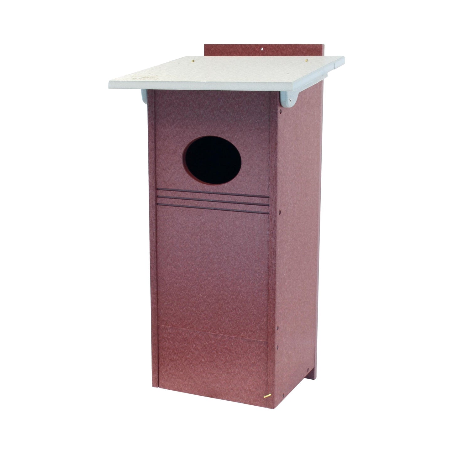 Wood Duck bird house made with durable poly lumber, post-mount design, suitable for attracting and nesting waterfowl.