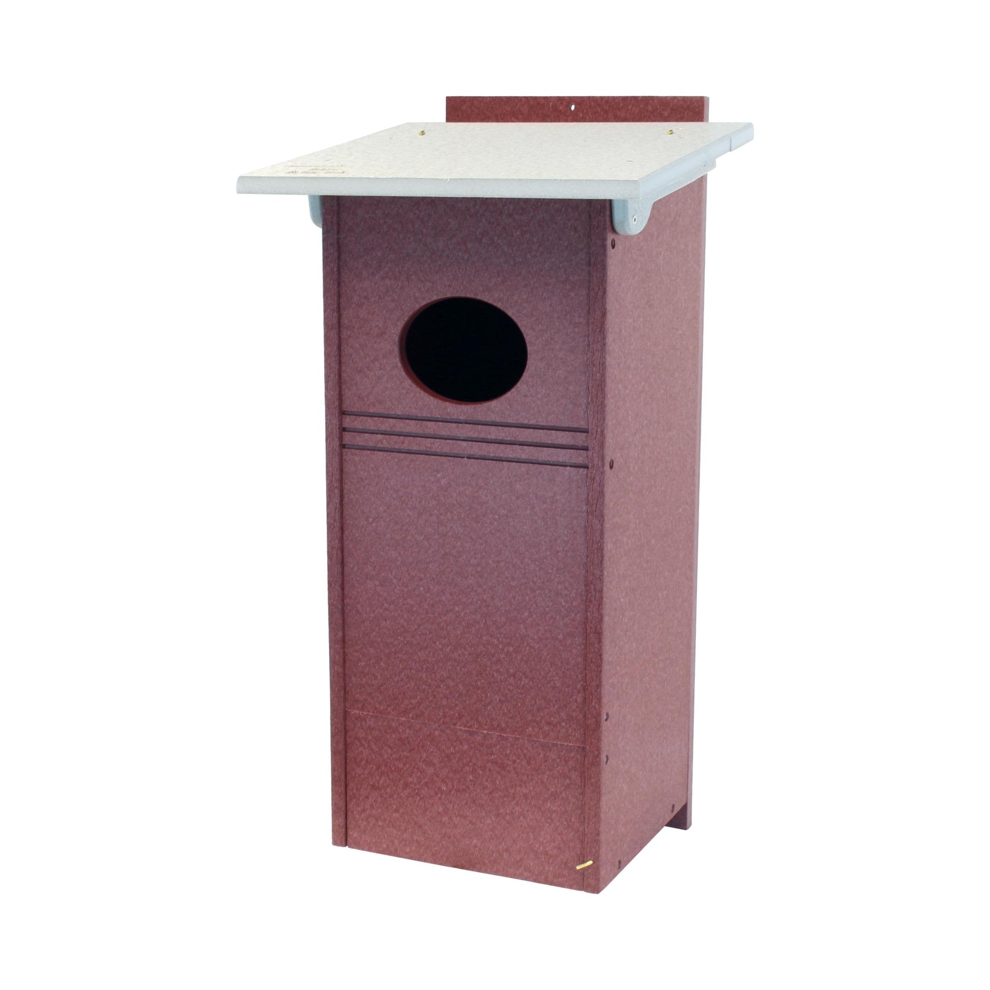 Wood Duck bird house made with durable poly lumber, post-mount design, suitable for attracting and nesting waterfowl.