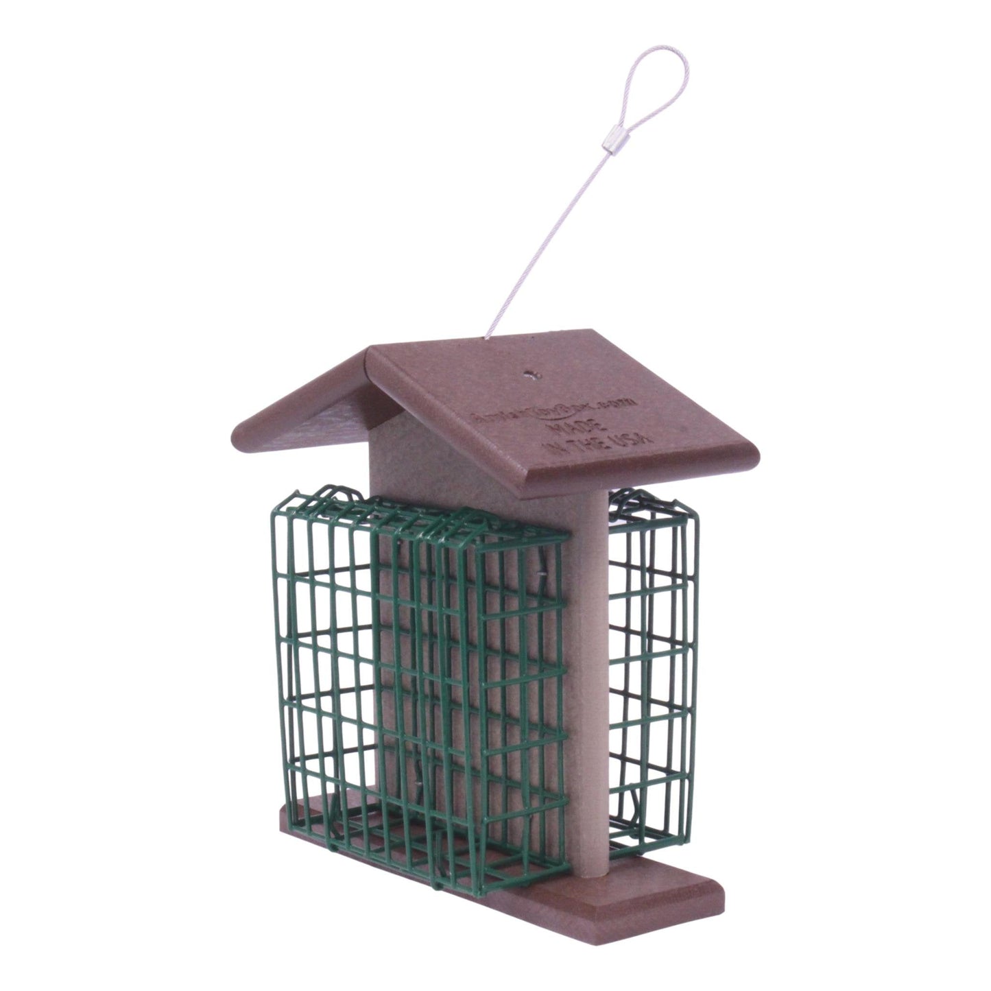 Amish-made double suet-cake bird feeder with poly lumber, designed for attracting woodpeckers and songbirds.