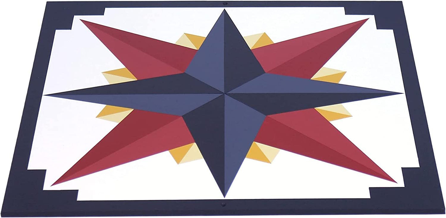 Hand-painted barn quilt featuring a Mariner's Compass design in golden abyss colors, suitable for lawn and patio decoration.