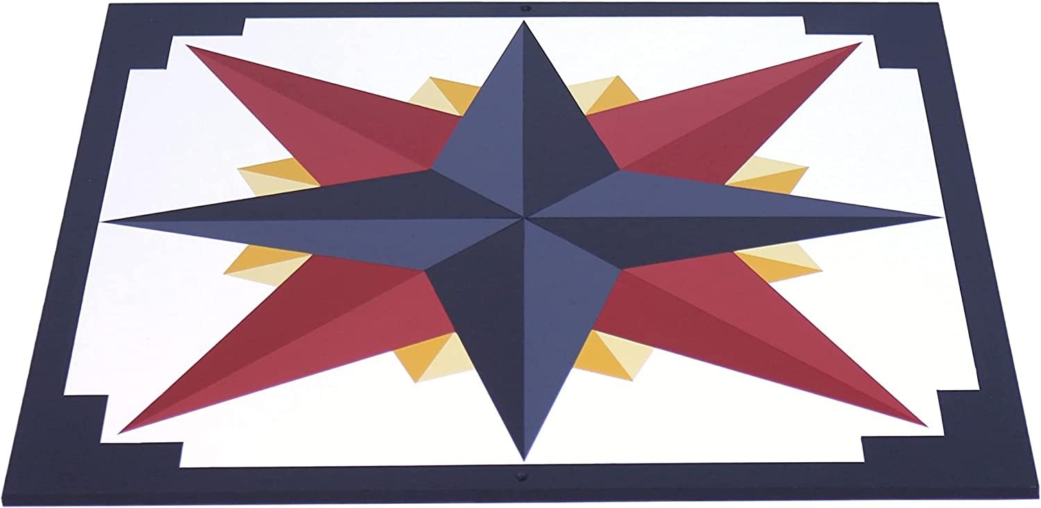 Hand-painted barn quilt featuring a Mariner's Compass design in golden abyss colors, suitable for lawn and patio decoration.