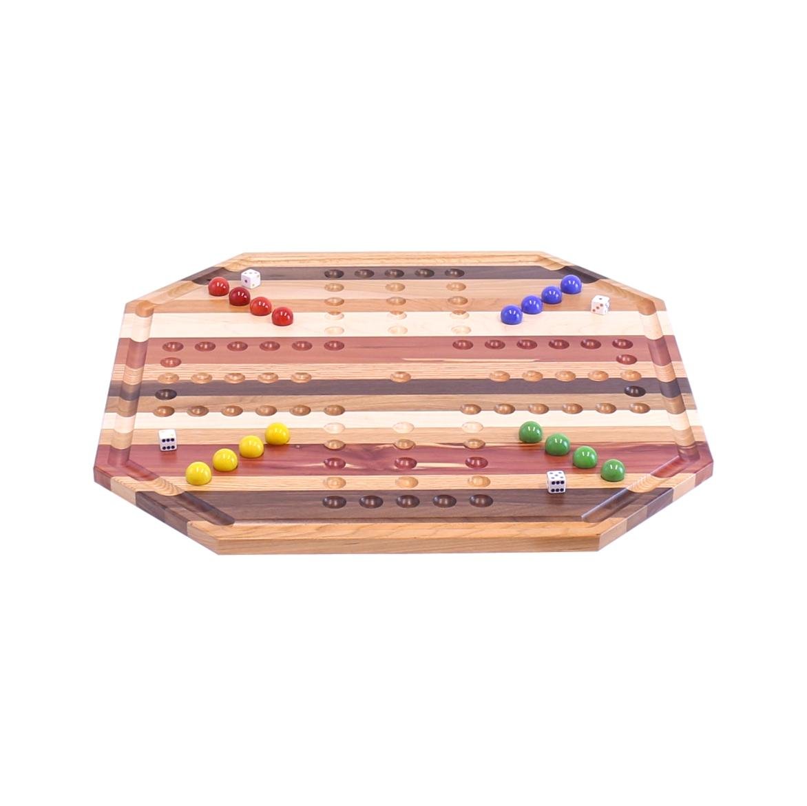 Multi-Wood Aggravation marble game board set, 24-inch wide, AmishToyBox.com toy with colorful marbles and wooden game pieces.