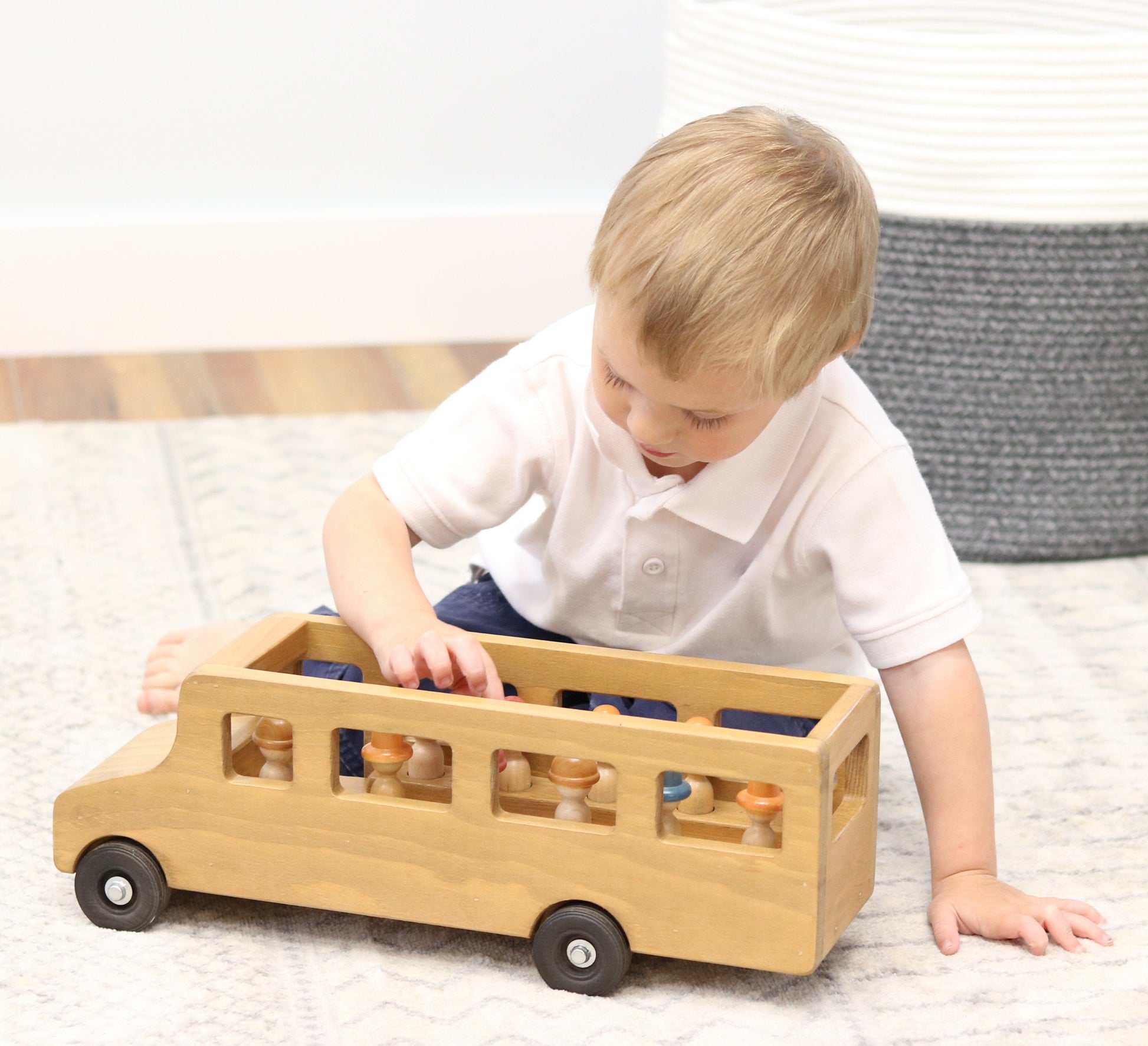 Amish-made wooden school bus toy with child-safe finish, part of Wooden Toys, Trains, Trucks and Things collection.