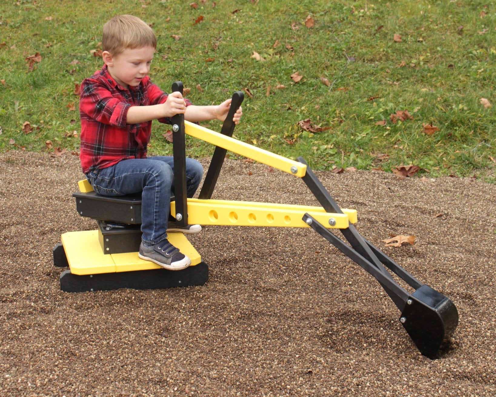 AmishToyBox.com sand digger excavator toy with movable levers and metal digging bucket for children.