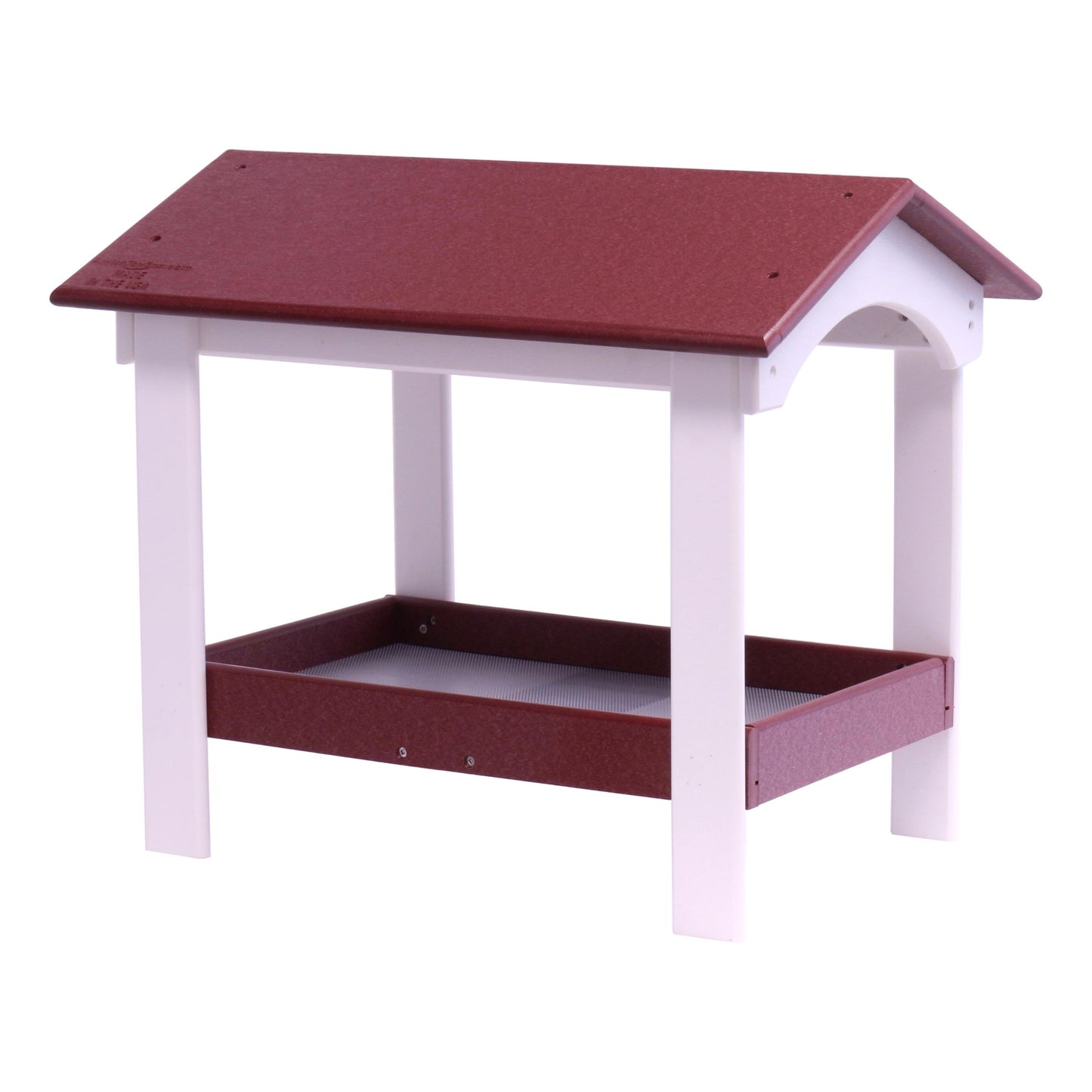 Deluxe AmishToyBox.com ground bird feeder with covered design, fly-through entry, squirrel-proof features, and screen mesh tray for birds.