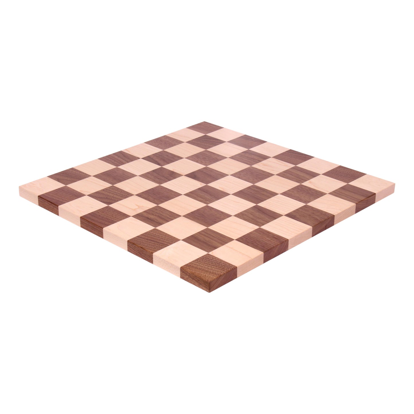 Maple and walnut hardwood 18-inch chess and checkers game board with detailed wood grain, crafted for classic wooden game play.