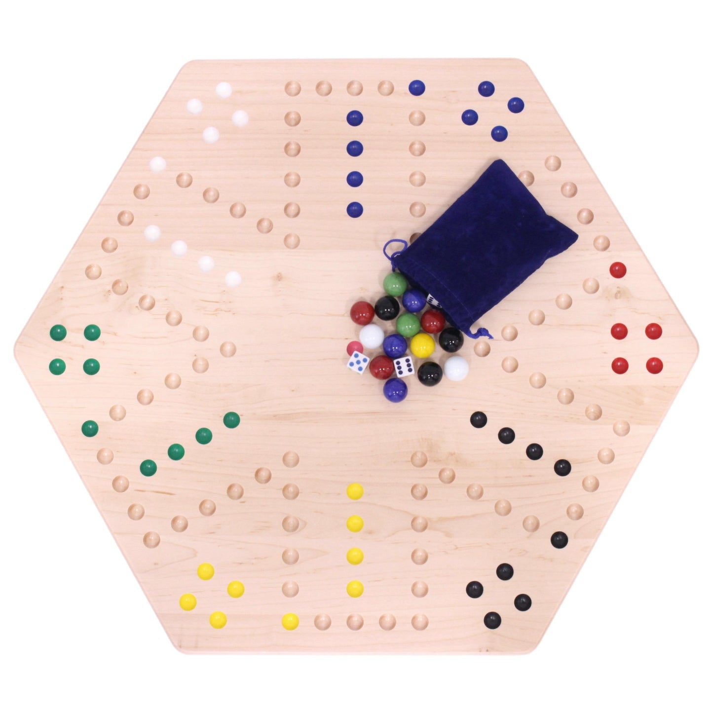 Hand-painted Aggravation Wahoo marble board game on wooden surface, double-sided design, from AmishToyBox.com.