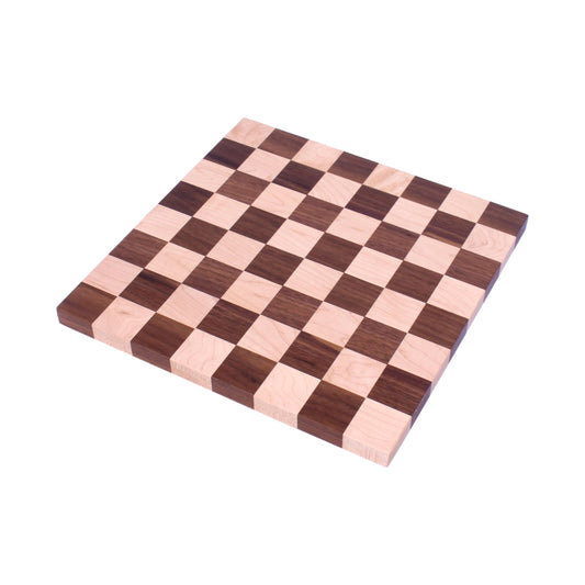 Maple and walnut hardwood 18-inch chess and checkers game board with natural wood finish, featuring detailed game squares.
