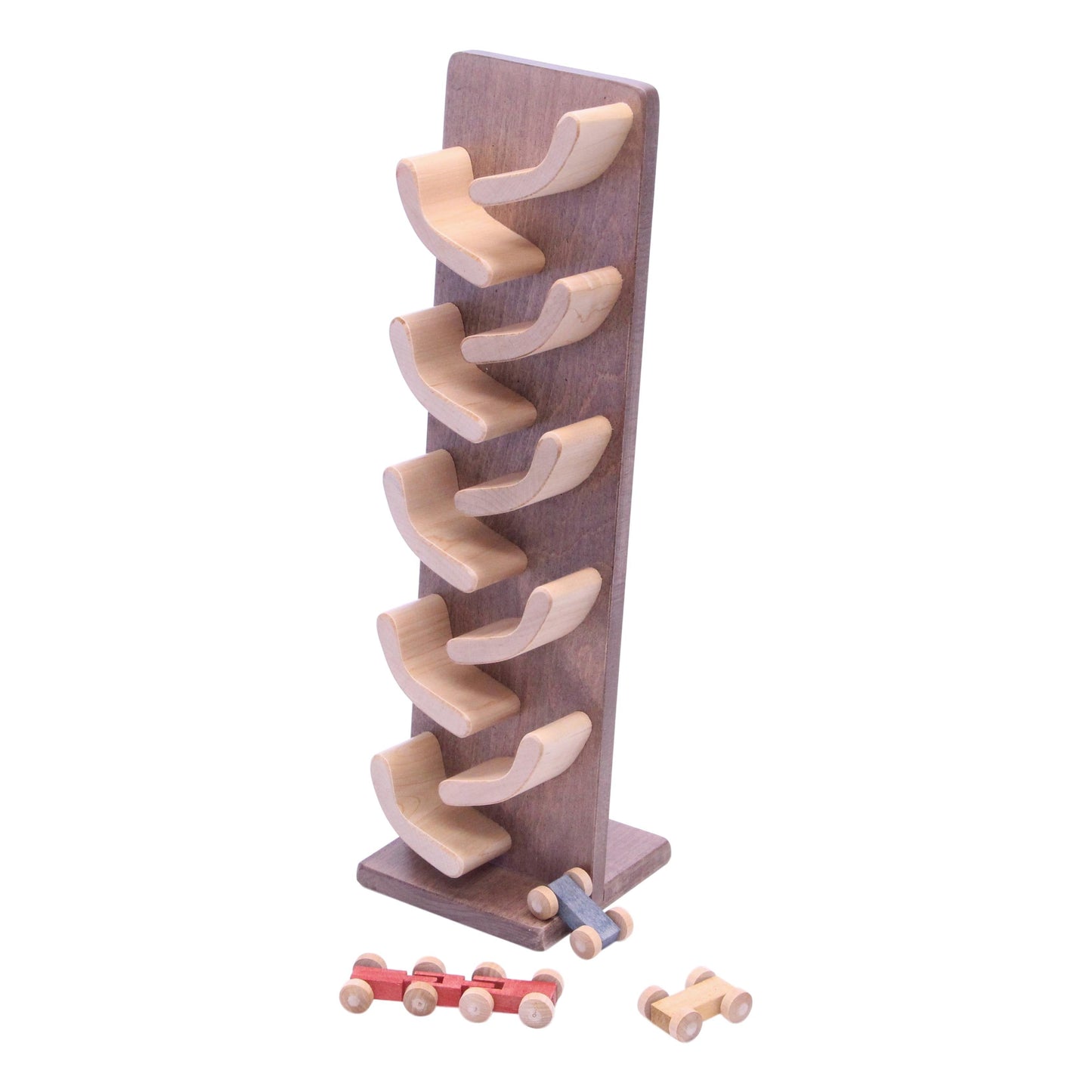 Amish-made mini wooden car roller toy with colorful cars included, perfect for children’s imaginative play.