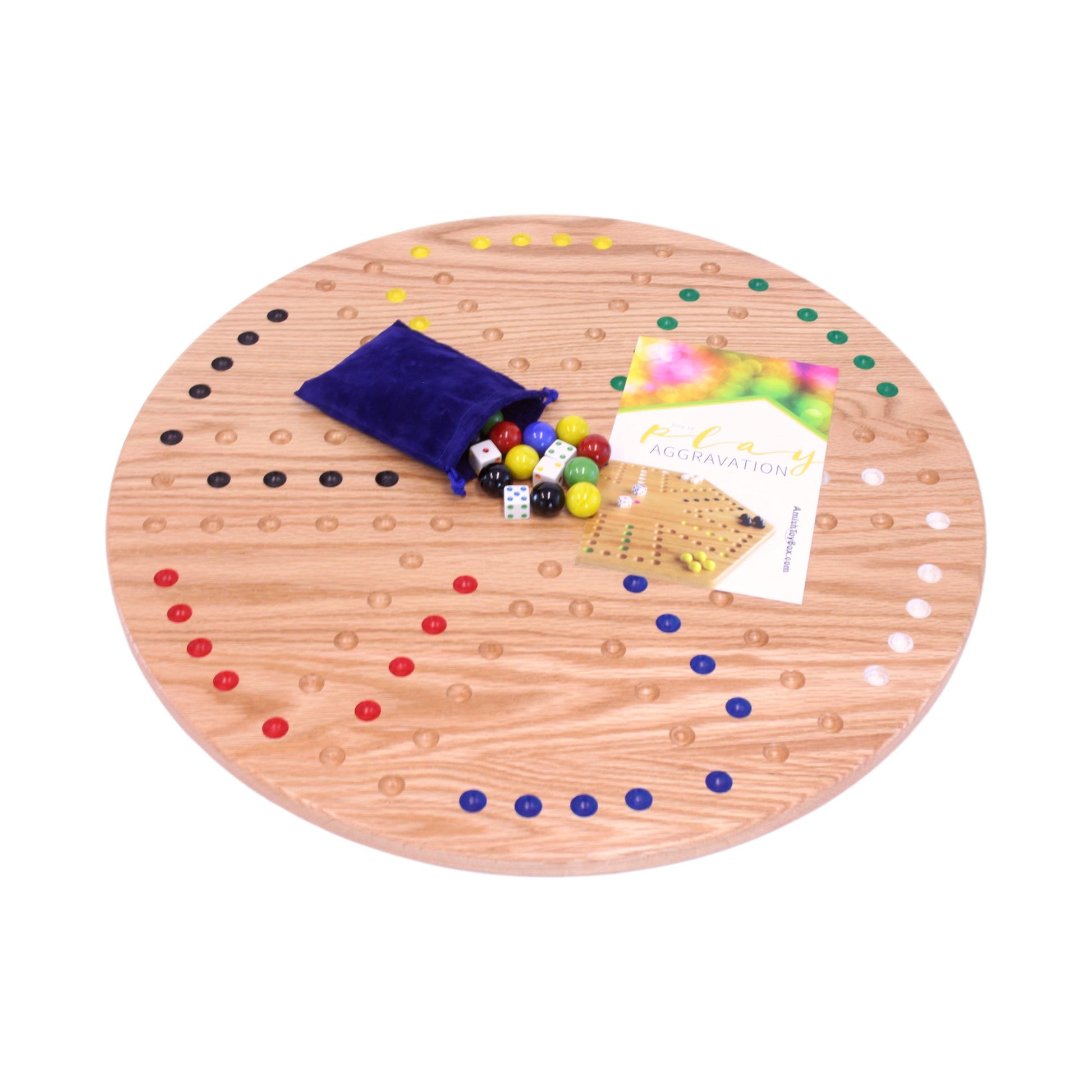 Round Aggravation game board set made of solid oak wood, double-sided with colorful game pieces for classic family fun.