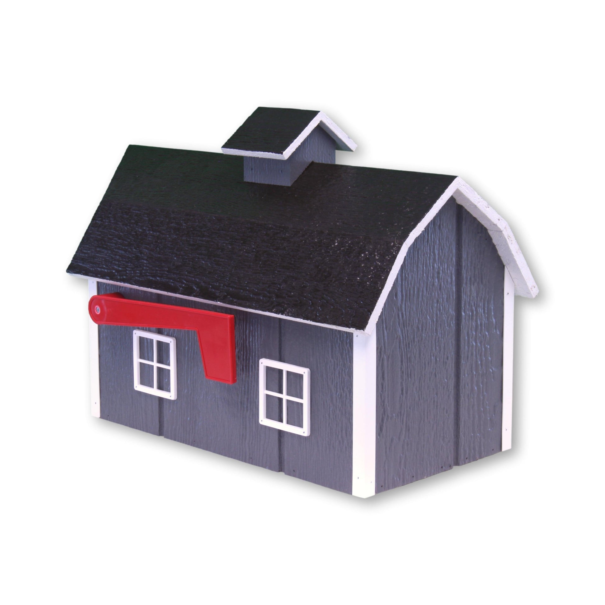 Amish-made wooden Dutch barn style mailbox mounted on a post, handcrafted for durability and classic rural charm.