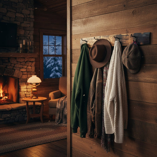 Rustic wooden coat rack with four metal hooks made from reclaimed whiskey barrel staves, handcrafted by AmishToyBox.com.