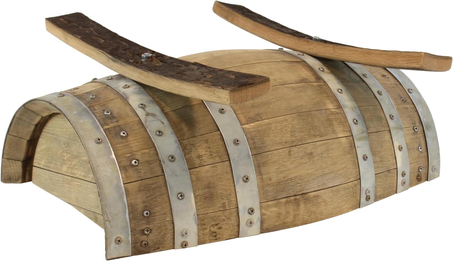 Rustic flower planter made from white oak whiskey barrel wood, suitable for indoor or outdoor use, crafted by AmishToyBox.com.