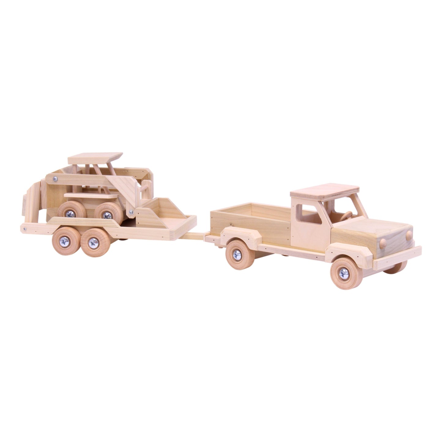 Wooden toy pickup truck and flatbed trailer with skidloader set from AmishToyBox, featuring detailed craftsmanship and natural wood finish.