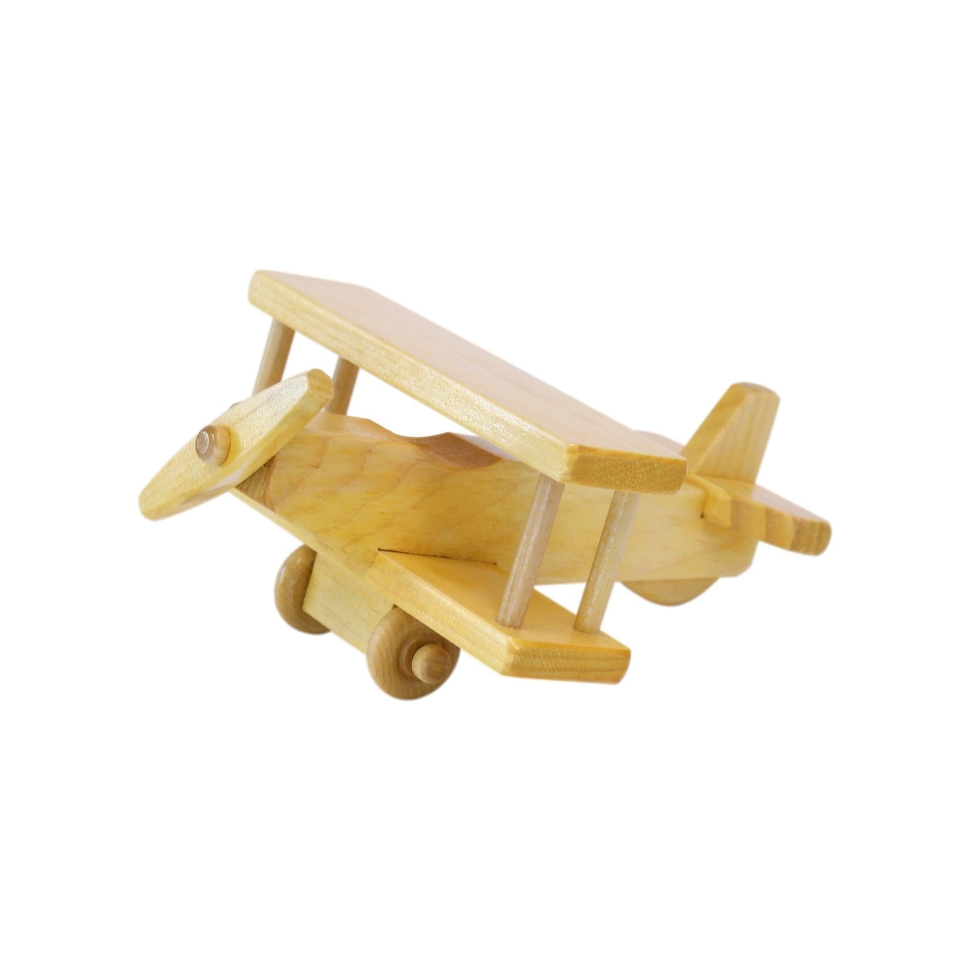 Wooden toy airplane with spinning propeller and kid-safe finish, crafted by AmishToyBox.com, suitable for children.