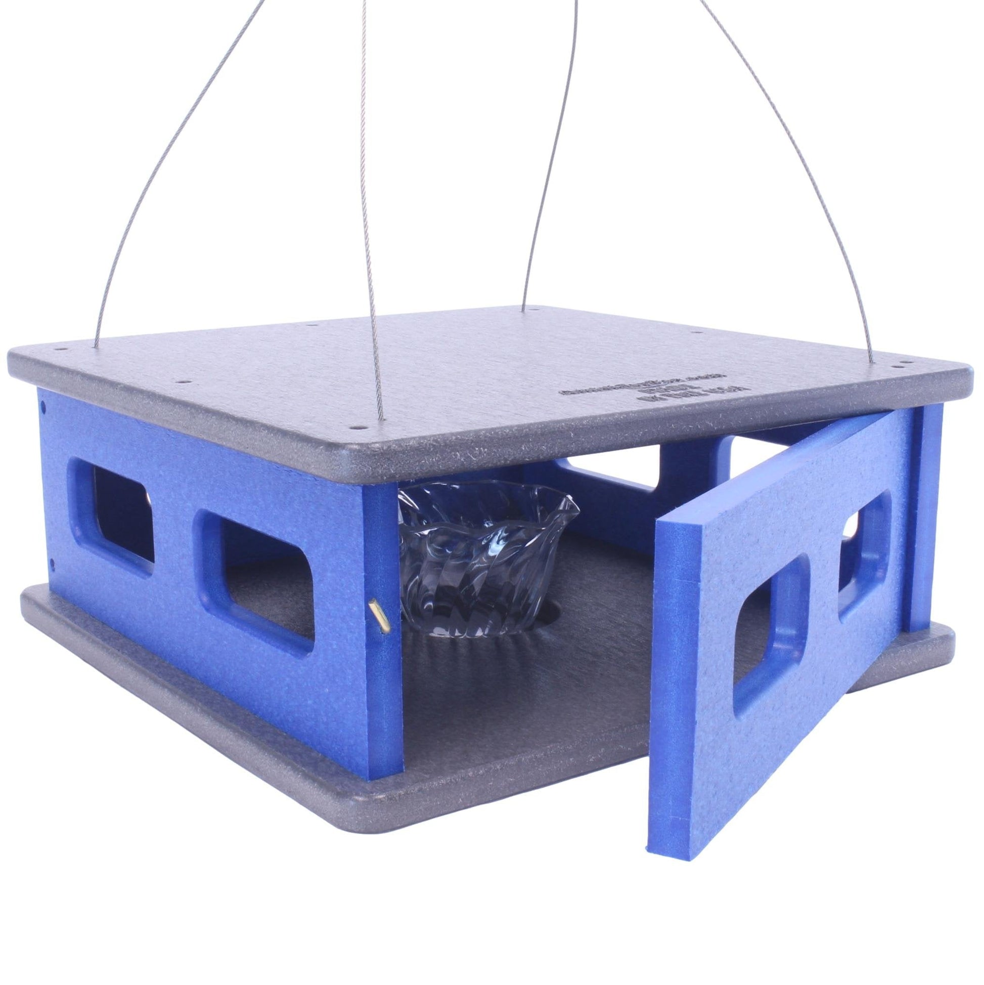 Amish-made Bluebird feeder hanging block house for mealworms, made with durable poly lumber, designed for Bluebirds in lawn and patio areas.