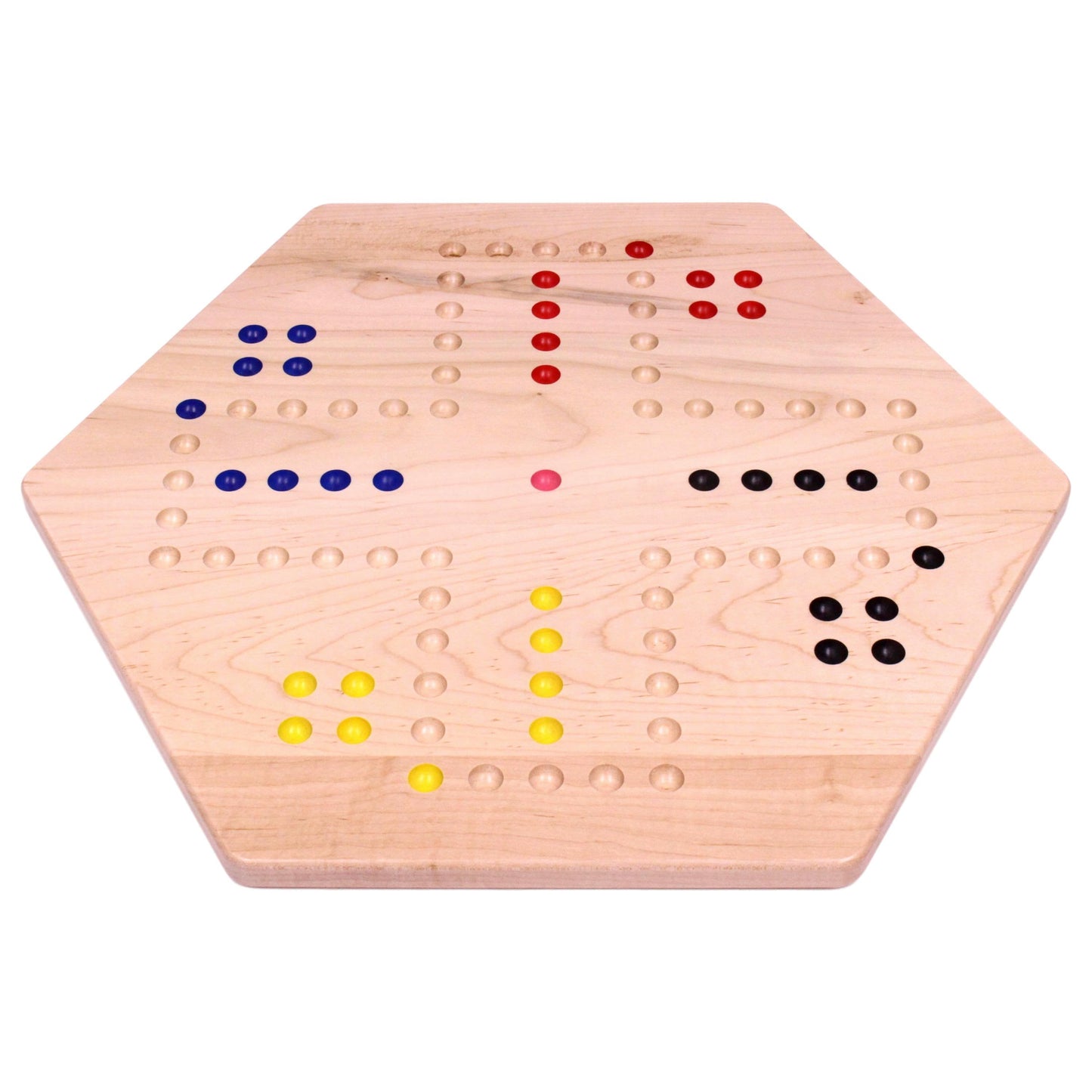 Hand-painted Aggravation Wahoo marble board game by AmishToyBox.com, double-sided wooden game with colorful marble pathways.