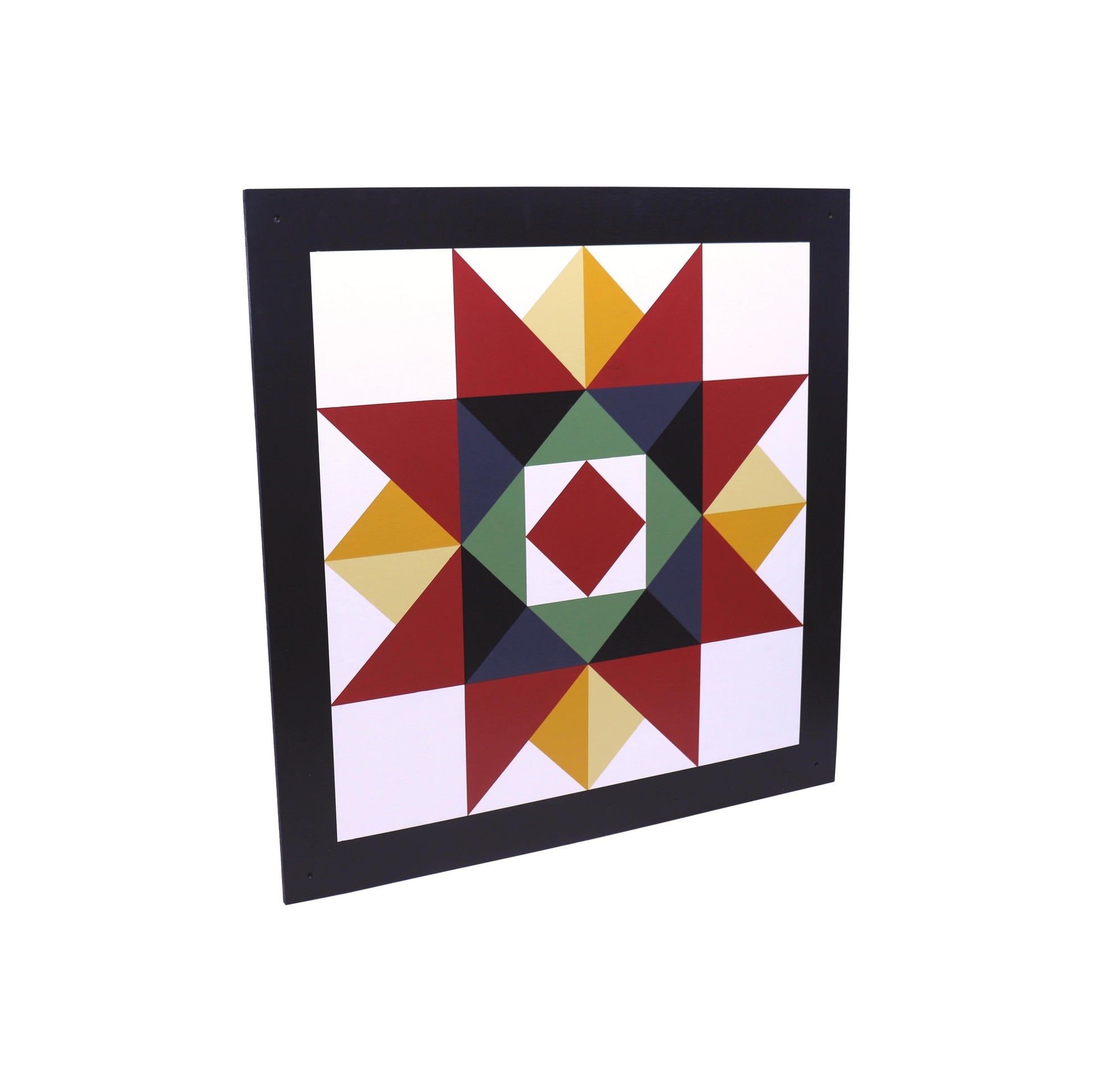 Hand-painted AmishToyBox.com barn quilt with Washington Star design, outdoor wall decor for lawn and patio spaces.