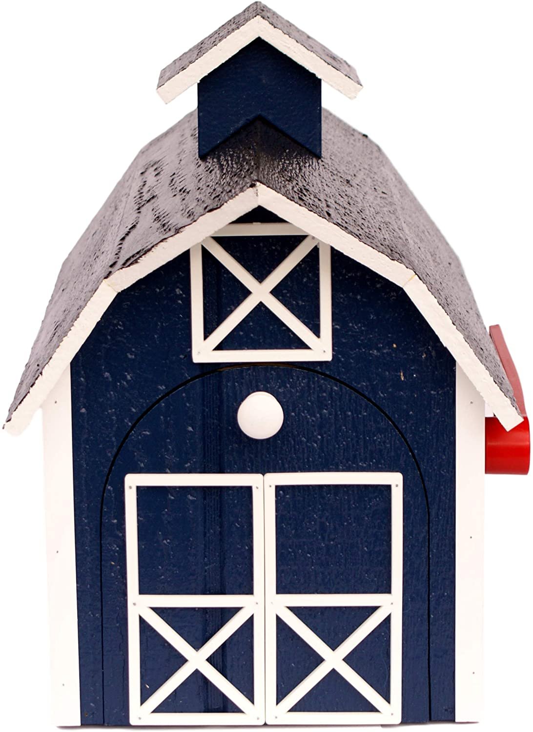 Amish-made Dutch barn style wooden mailbox mounted on a post, ideal for home improvement and curb appeal.