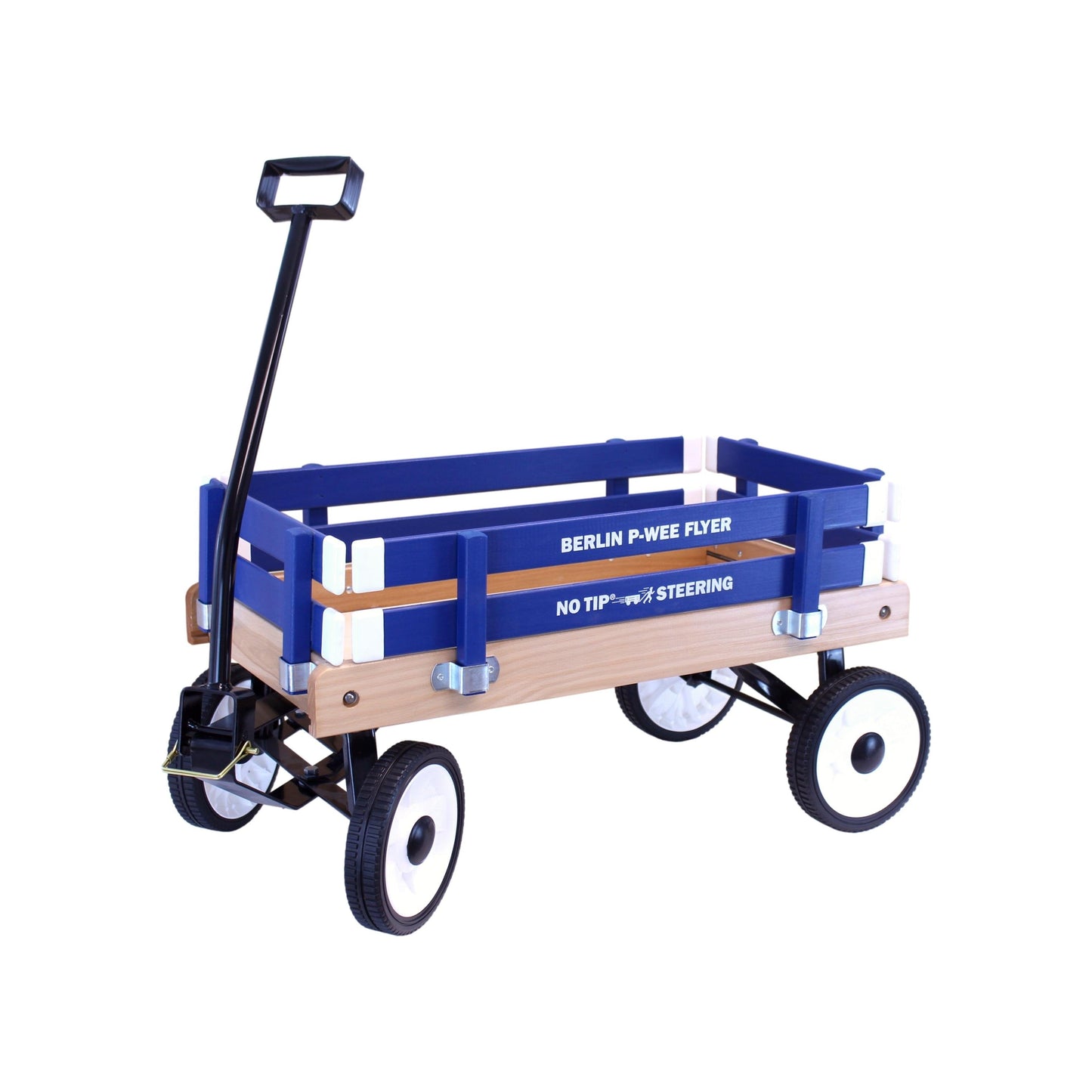 Amish-made Berlin P-Wee Wagon Model F257 by AmishToyBox.com, wooden toy wagon with natural finish and small handle for children.