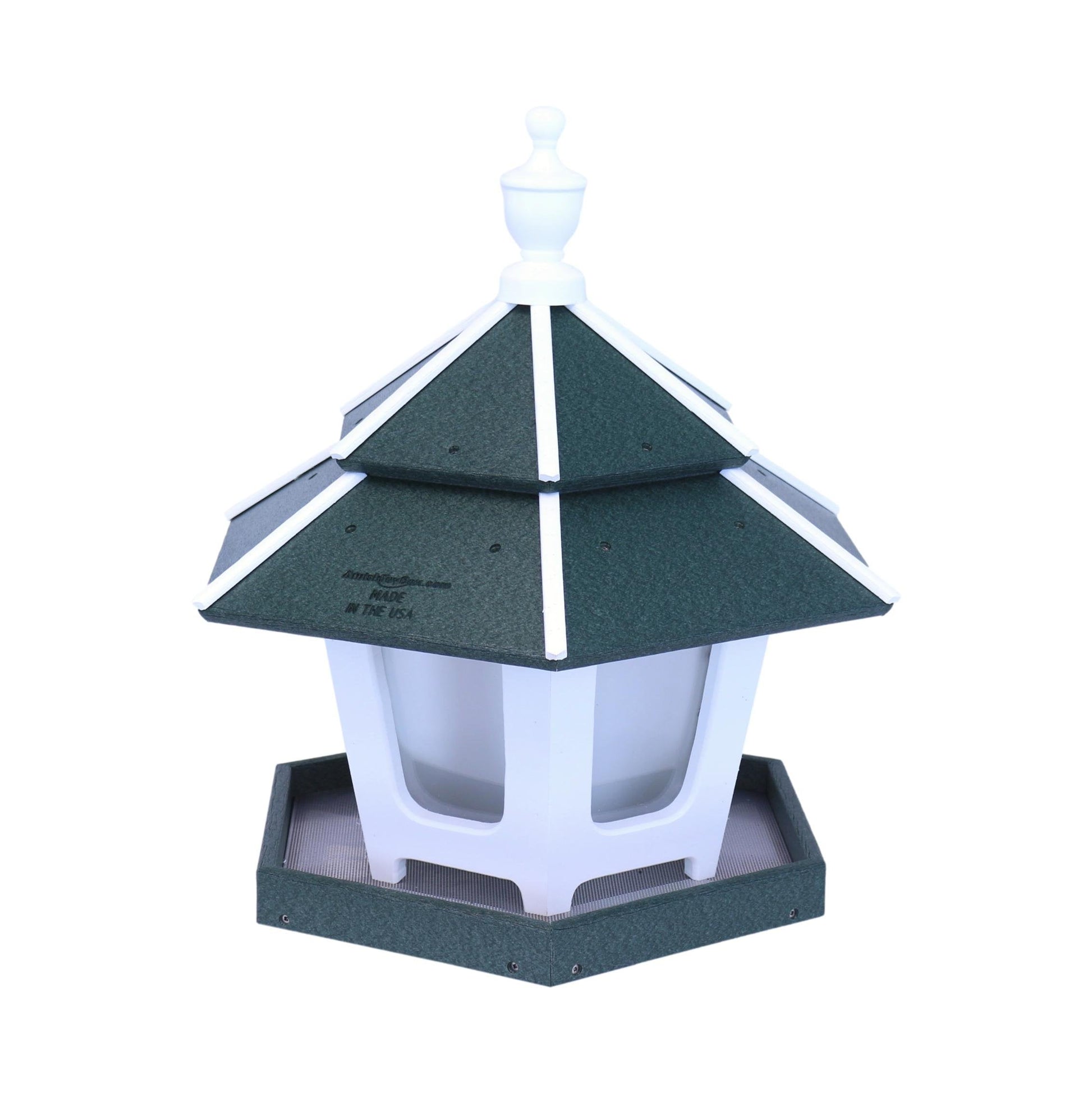 AmishToyBox.com gazebo bird feeder with triple compartments, post-mount design, suitable for garden lawn and patio bird feeding.