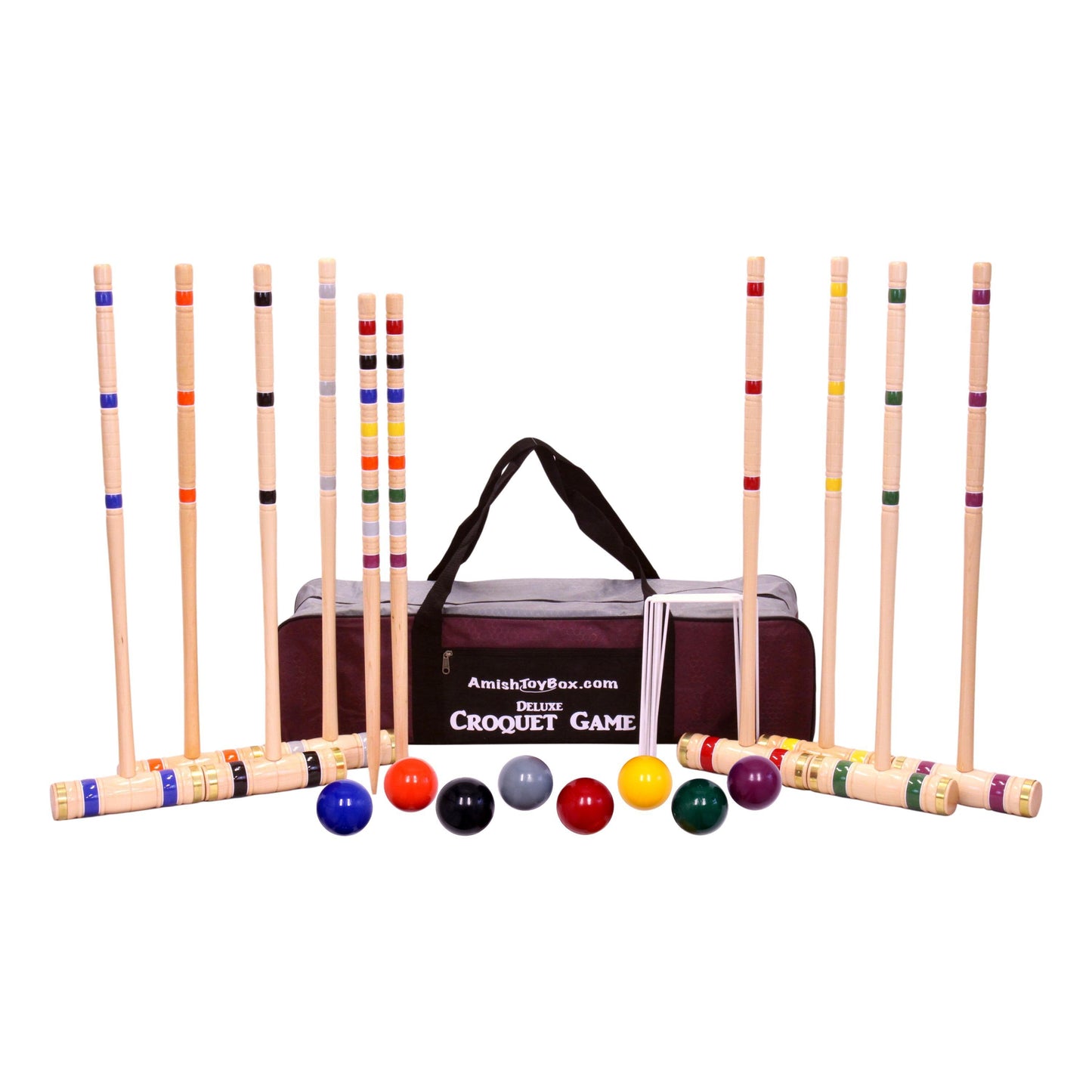 Deluxe 8-player wooden croquet set with mallets, balls, wickets, and a carrying bag for outdoor backyard play.