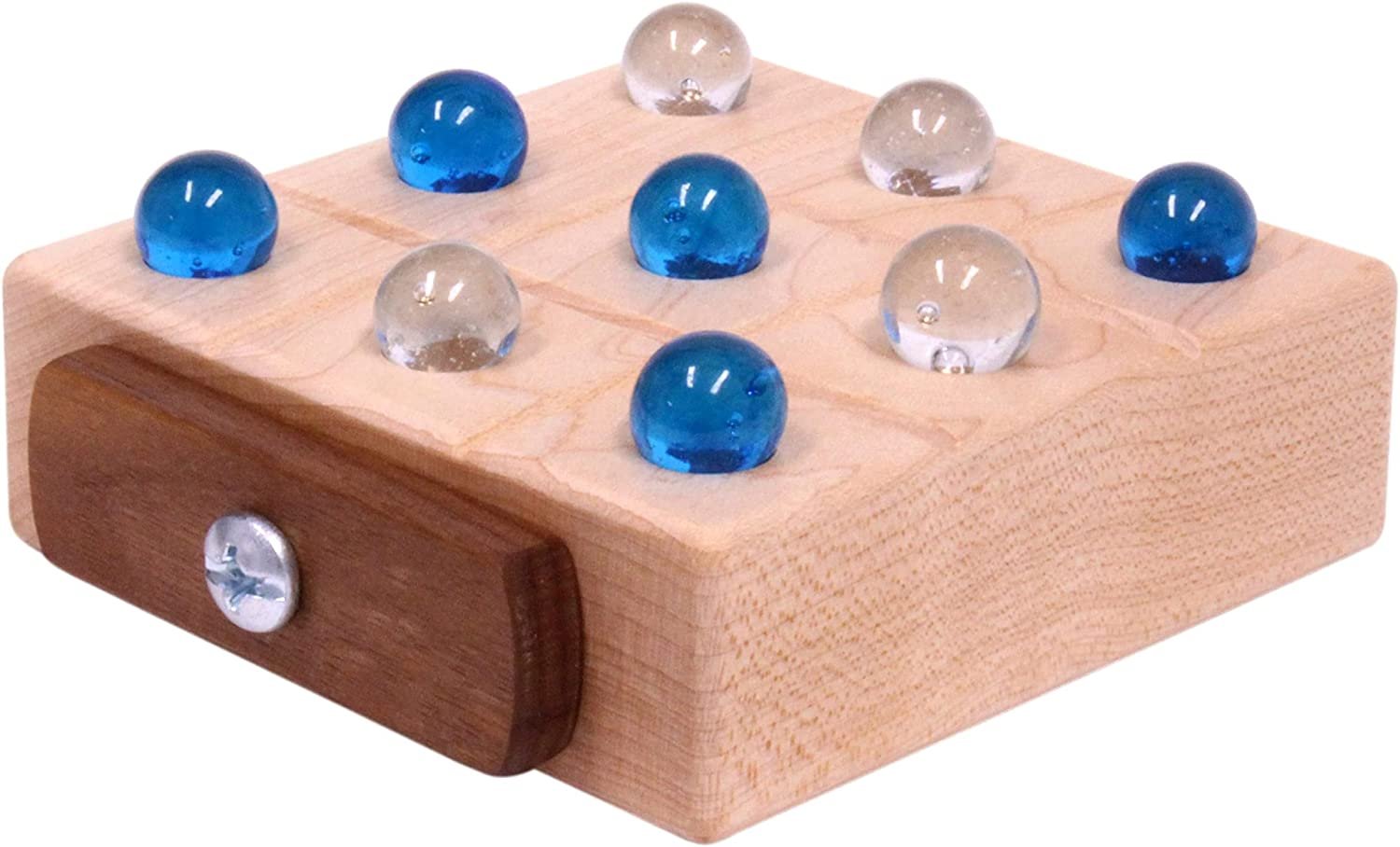 Wooden Marble Tic Tac Toe game with built-in marble storage, crafted by AmishToyBox.com, featuring a classic wooden toy design.