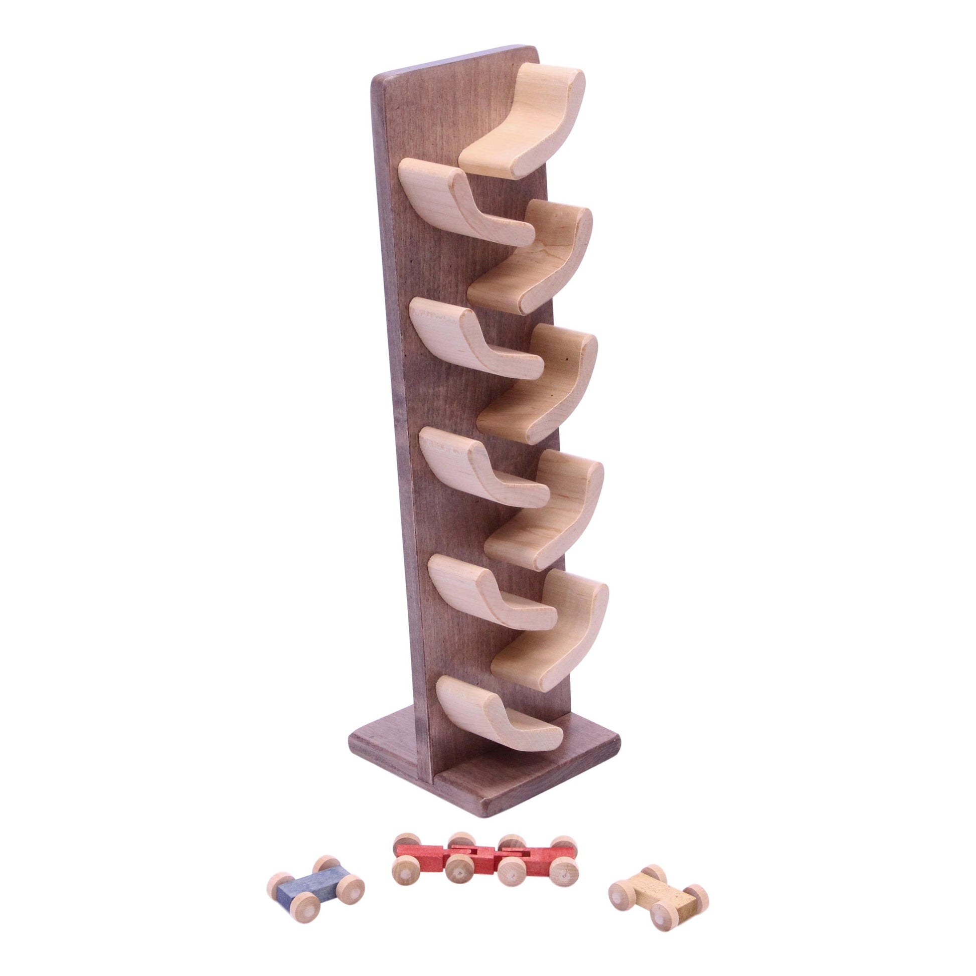 Amish-made mini wooden car roller toy with colorful cars included, ideal for children’s imaginative play.