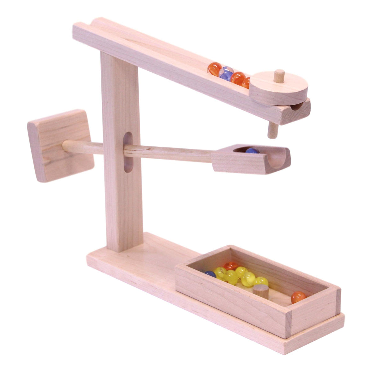 Amish-made wooden marble roller machine toy with child-safe maple and walnut finishes, featuring colorful marbles and rolling balls.
