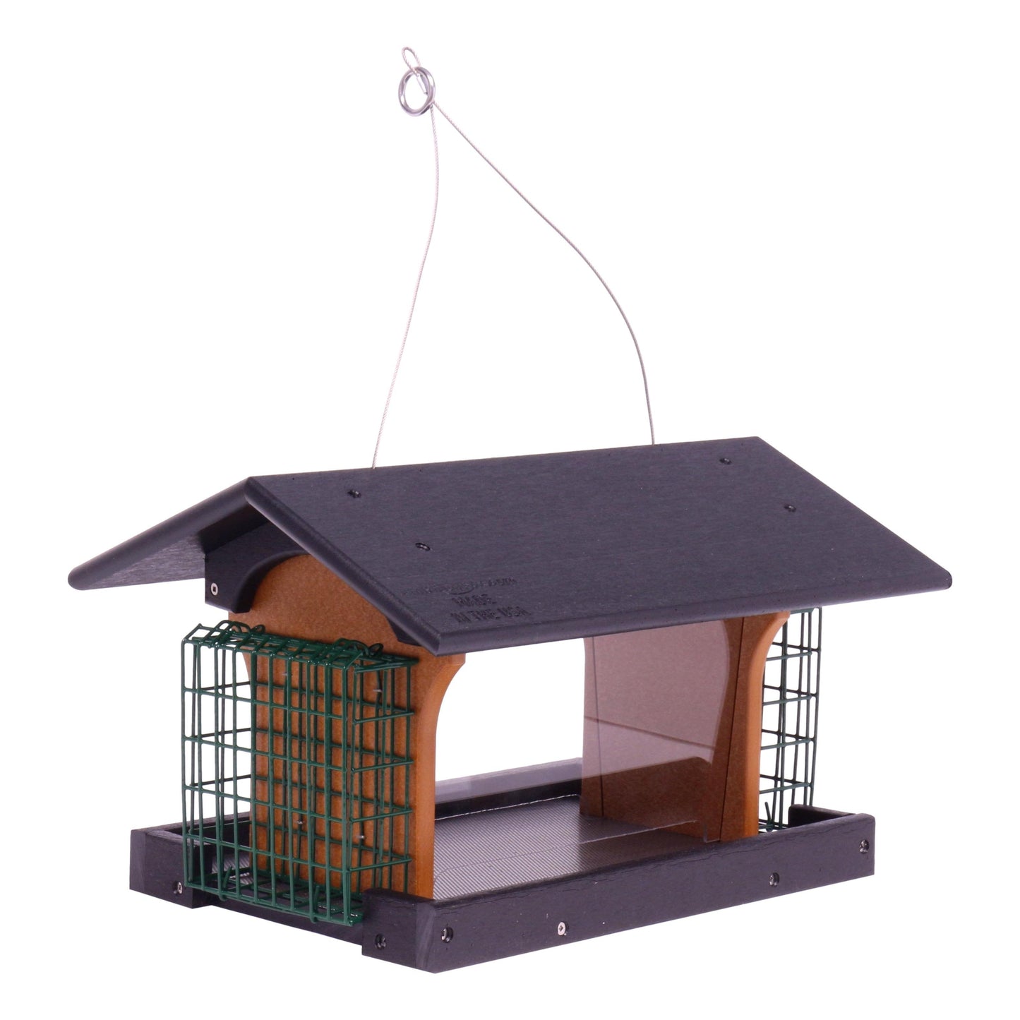 Amish-made deluxe bird feeder with suet holder, crafted from durable poly lumber, designed to attract wild birds.