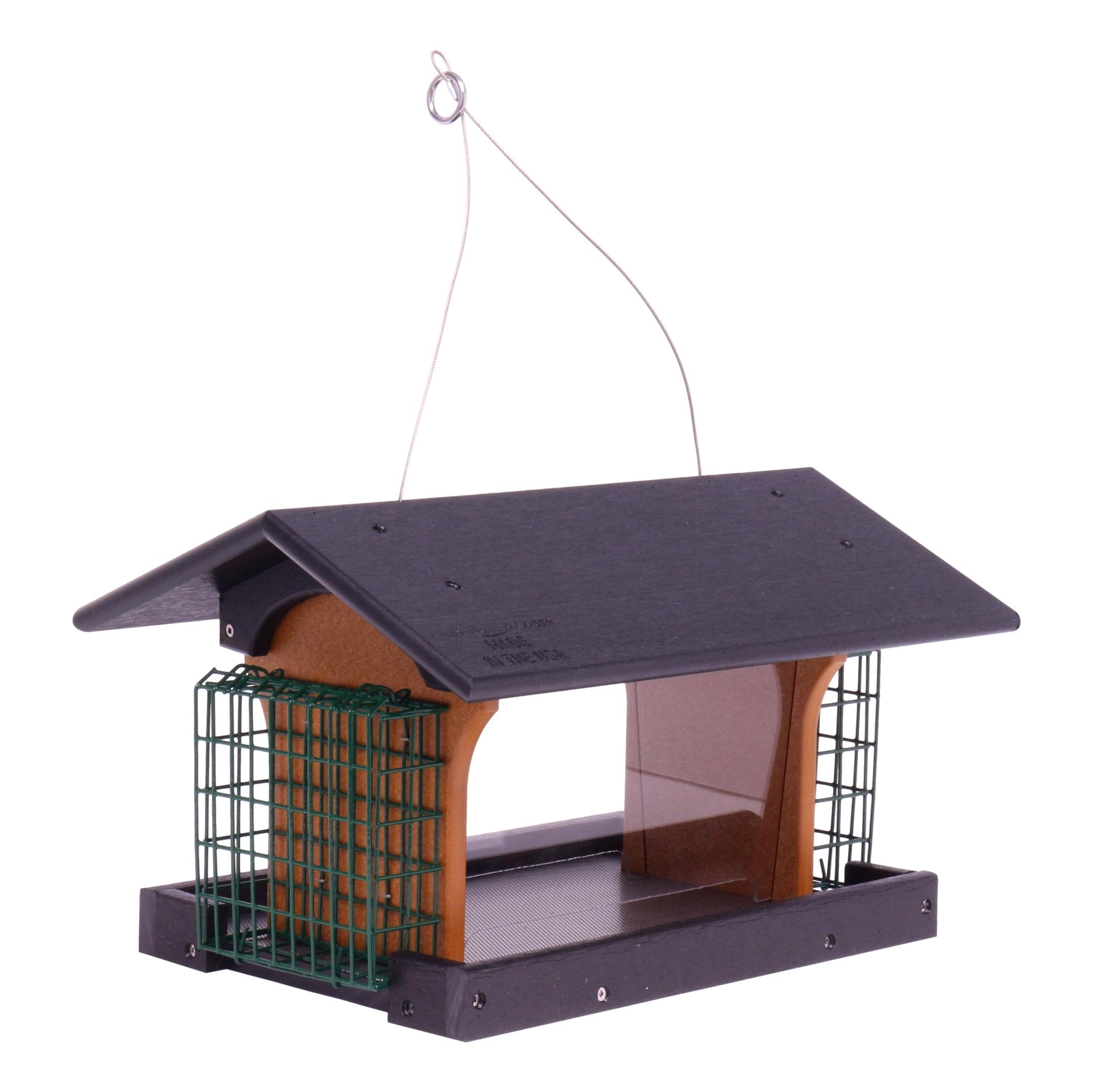 Amish-made deluxe bird feeder with suet holder, crafted from durable poly lumber, designed to attract wild birds.