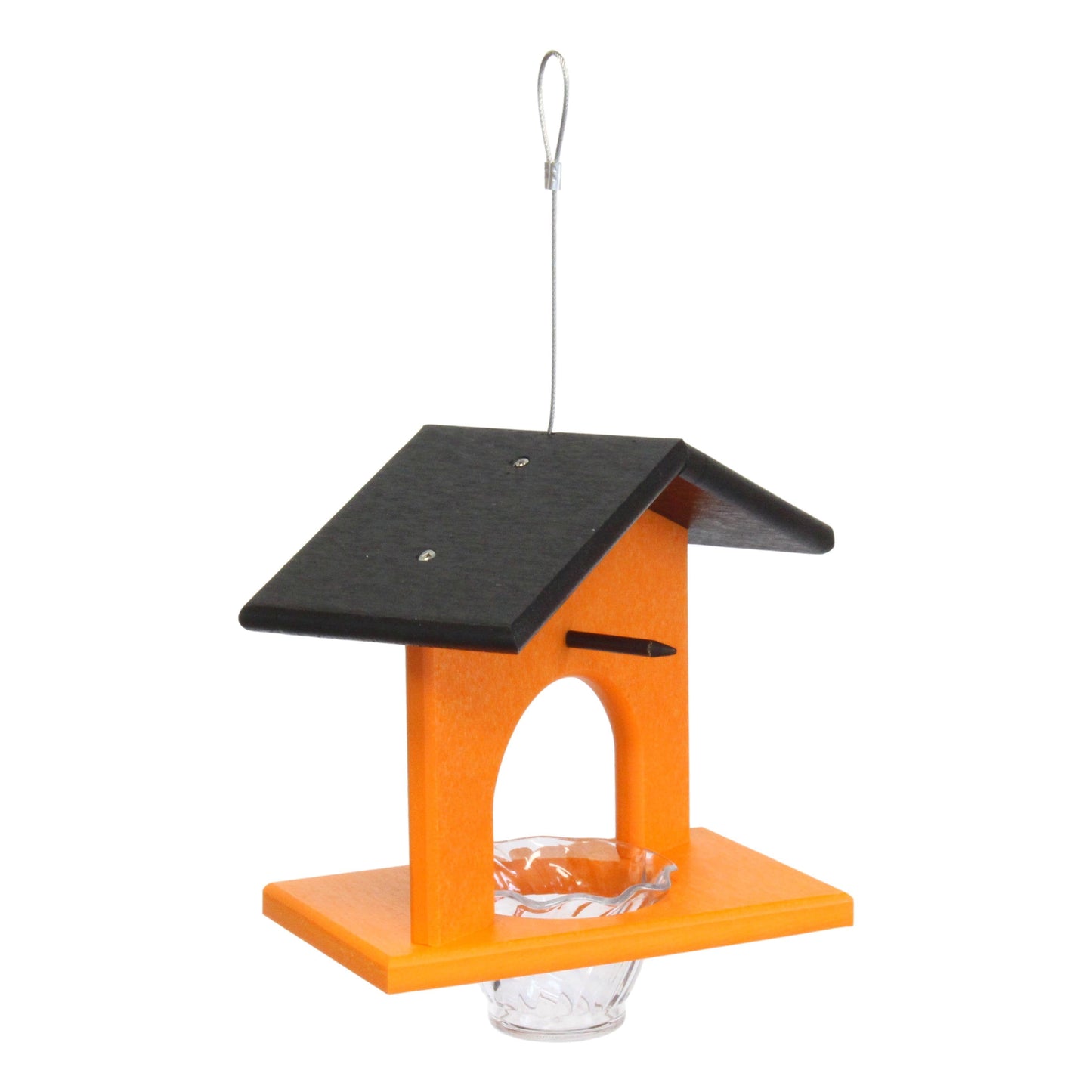 Hanging oriole bird feeder by AmishToyBox.com made of eco-friendly poly lumber with jelly and orange bird design, suitable for outdoor use.