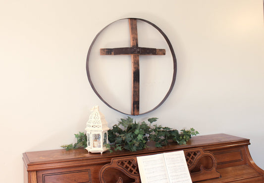 Rustic reclaimed barrel cross wall art, 23-inch diameter Amish-made religious wall decor with a weathered wood finish.