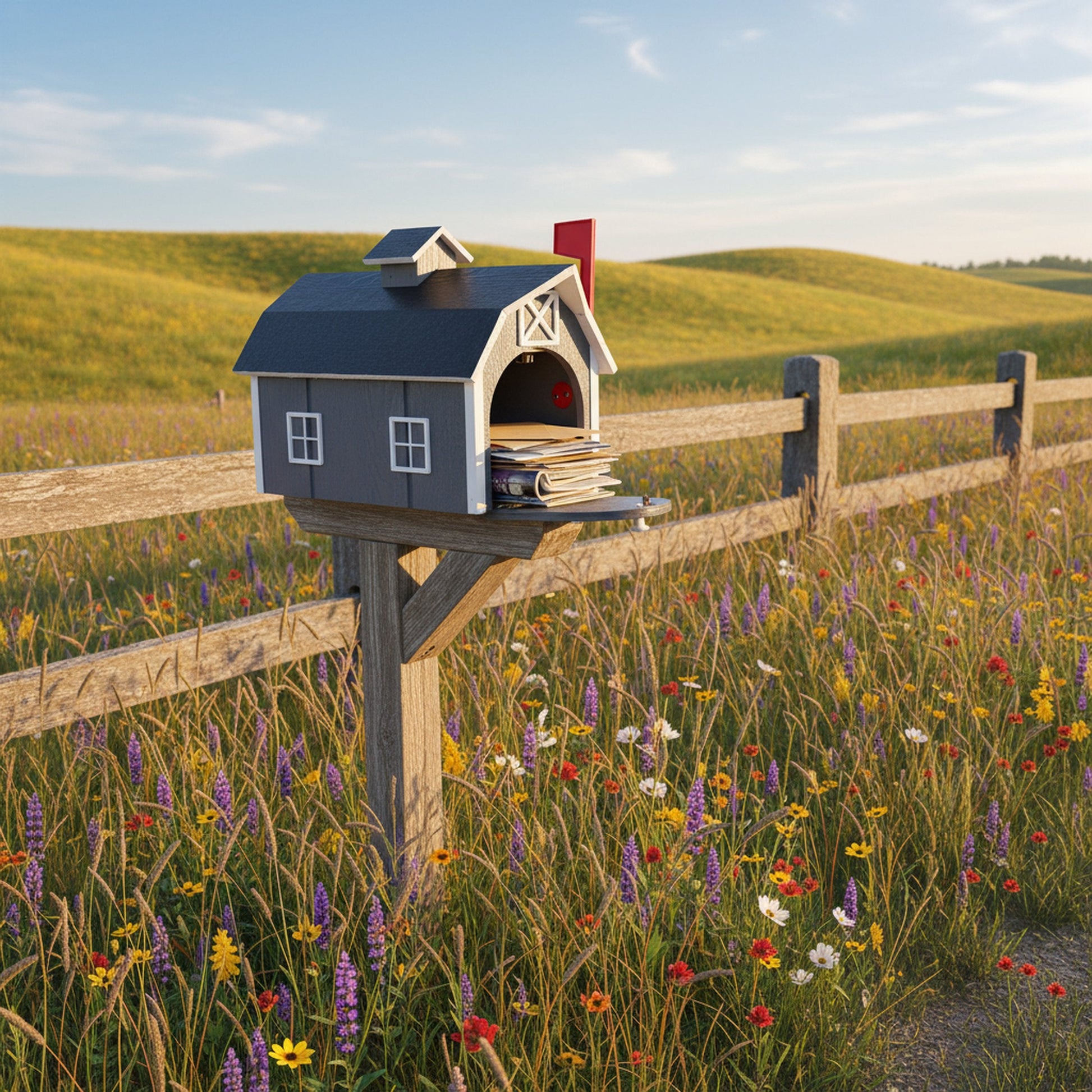 Amish-made wooden Dutch barn style mailbox mounted on a post, crafted from natural wood for outdoor home improvement.