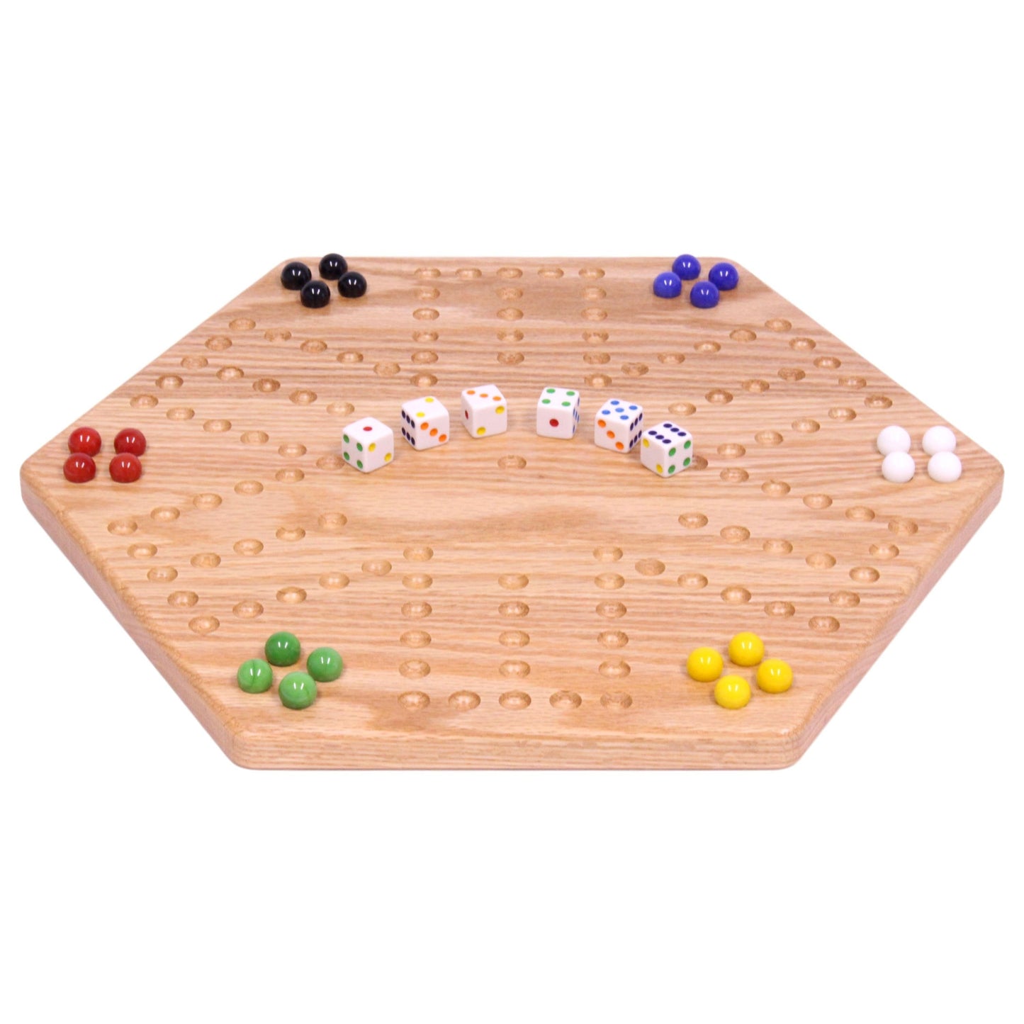 Unpainted solid oak 16-inch Aggravation game board with holes, double-sided wooden toy designed for strategic game play.