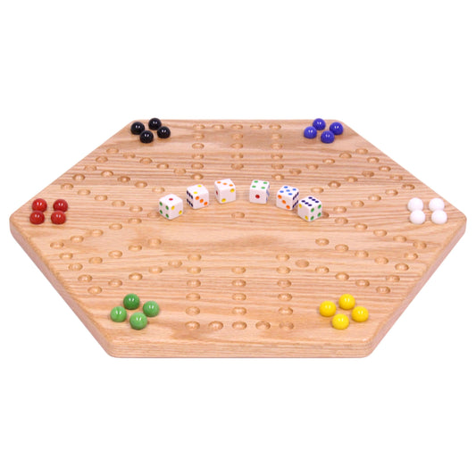 Unpainted solid oak 16-inch Aggravation game board with holes, double-sided wooden toy designed for strategic game play.