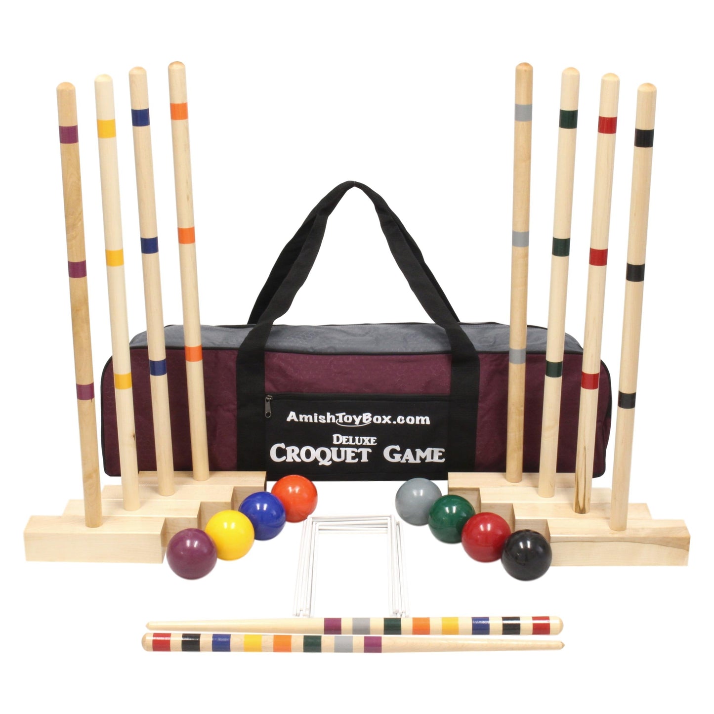 Amish-made family tradition wooden croquet set with 8 players, complete with hoops, mallets, balls, and wickets for outdoor game play.