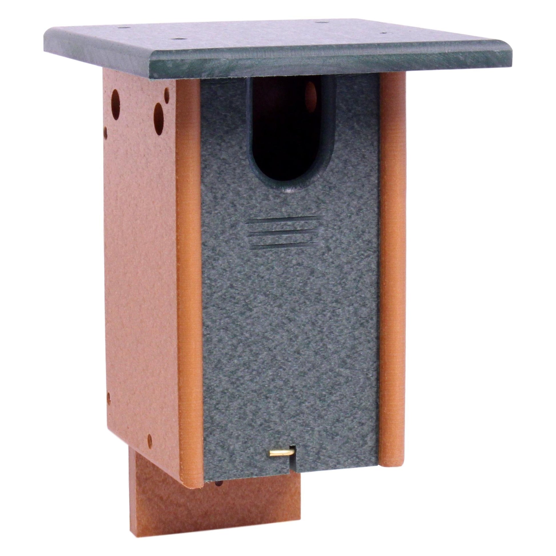 Amish-made bluebird house mounted on a post, crafted from recycled poly lumber, suitable for backyard bird nesting.