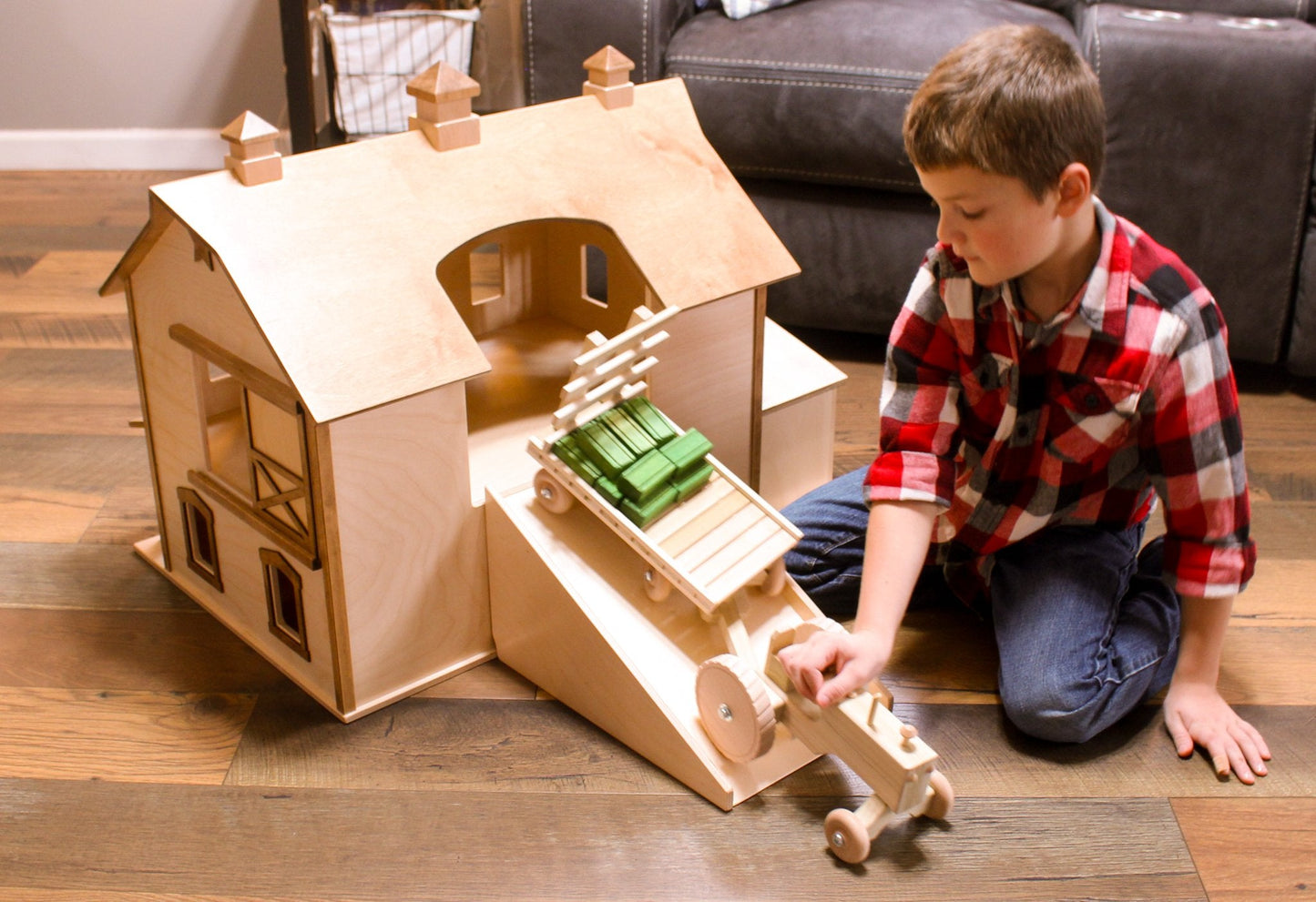 Hand-crafted Pennsylvania Bank Barn toy by AmishToyBox.com, featuring detailed wooden construction and traditional Lancaster County design.