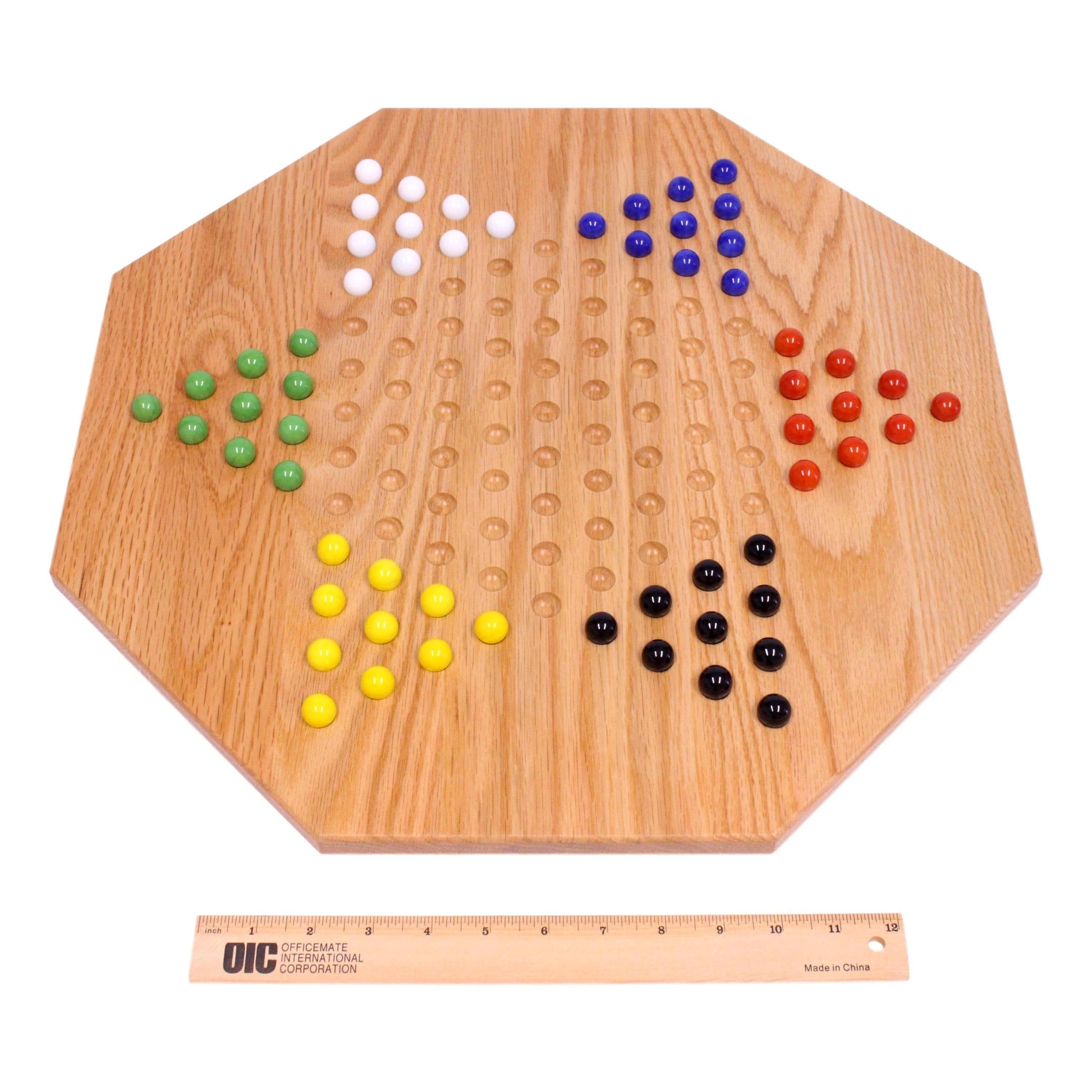Hand-painted oak wooden Chinese Checkers game board, 19-inch wide, with colorful marbles, crafted by AmishToyBox.com for family fun.