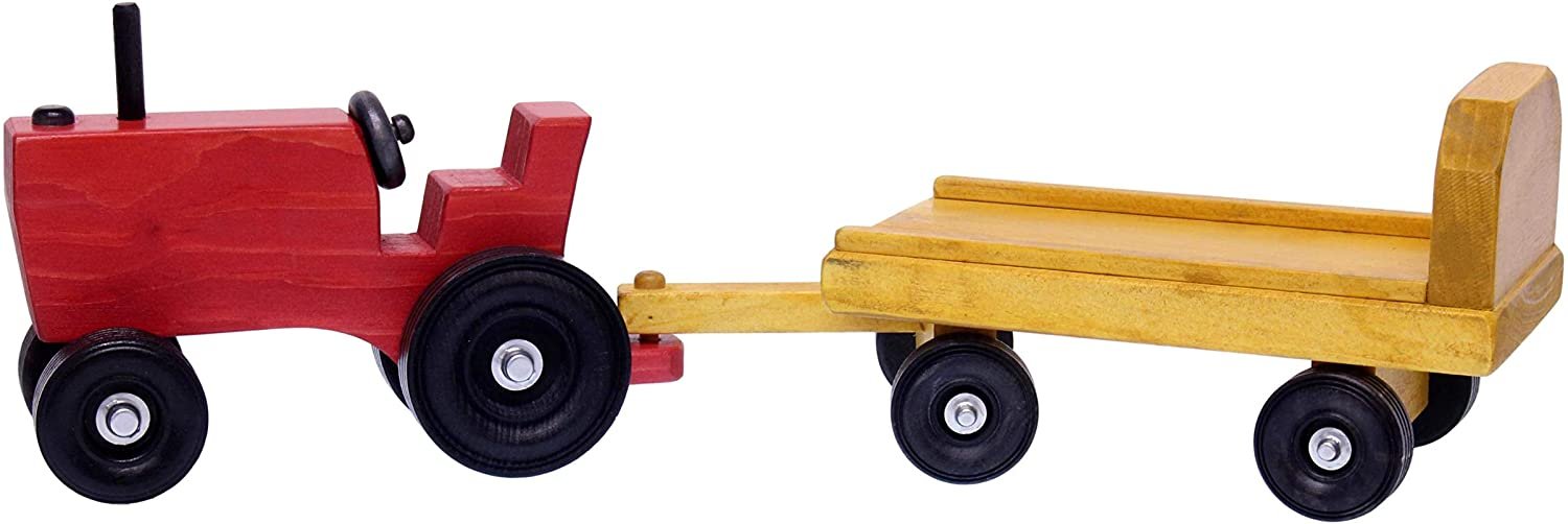 Amish-made wooden toy tractor and wagon set with hay bales, featuring detailed craftsmanship and natural wood finish.