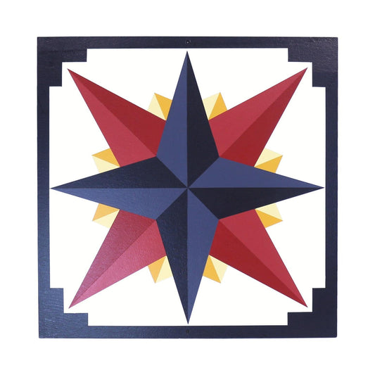 Hand-painted barn quilt featuring a Mariner's Compass design in gold and blue, suitable for lawn and patio decor.