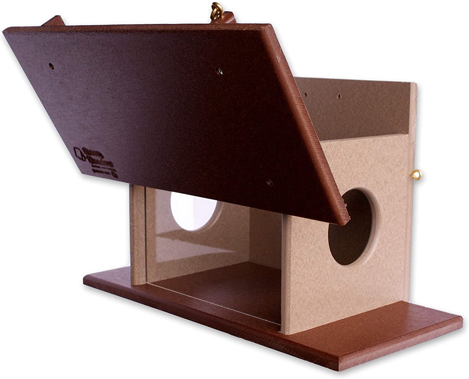 Amish-made squirrel corn feeder mounted on a post, made of durable poly lumber, designed for wildlife feeding and squirrel enjoyment.