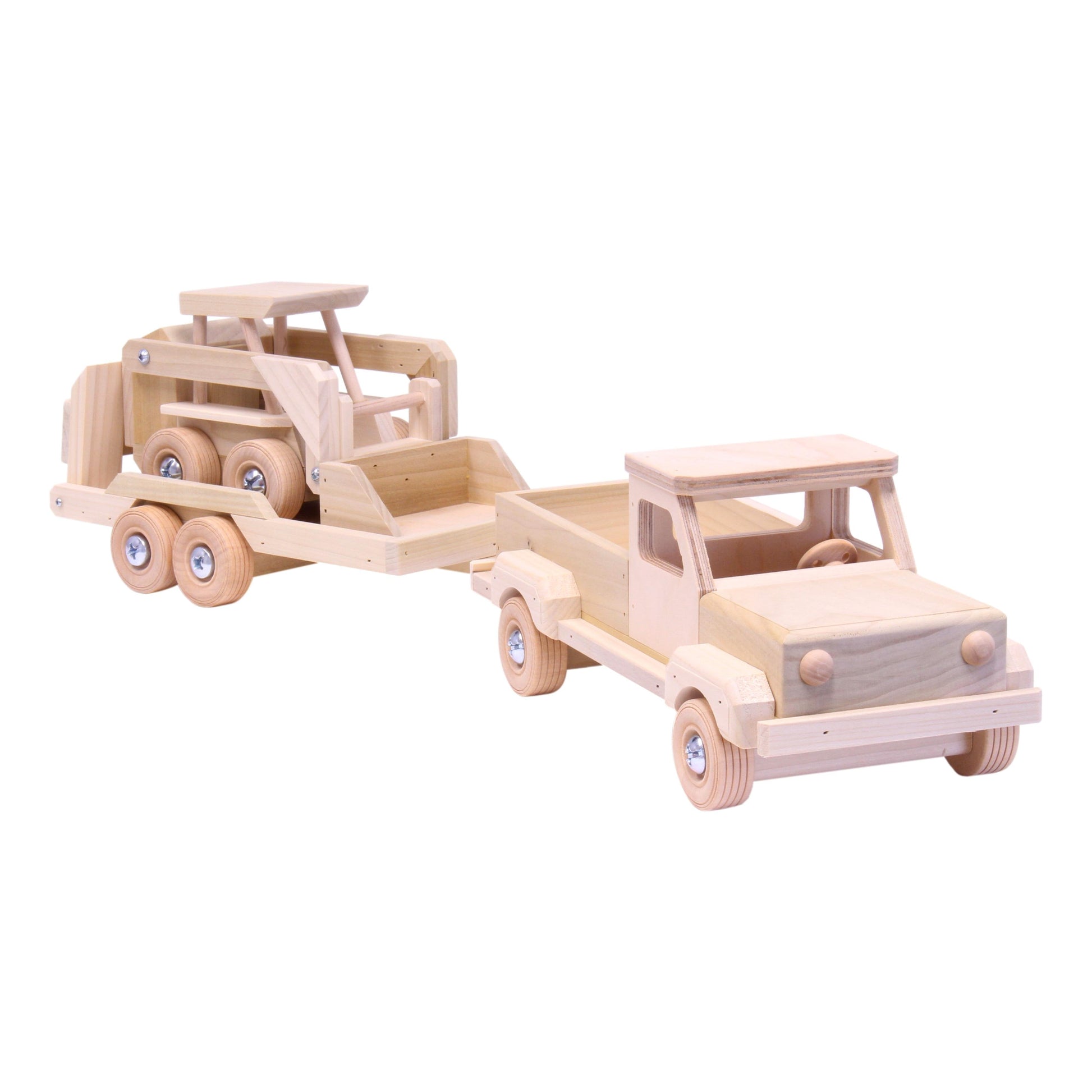 Wooden toy pickup truck with flatbed trailer and skidloader set, crafted by AmishToyBox.com, featuring detailed wooden construction.