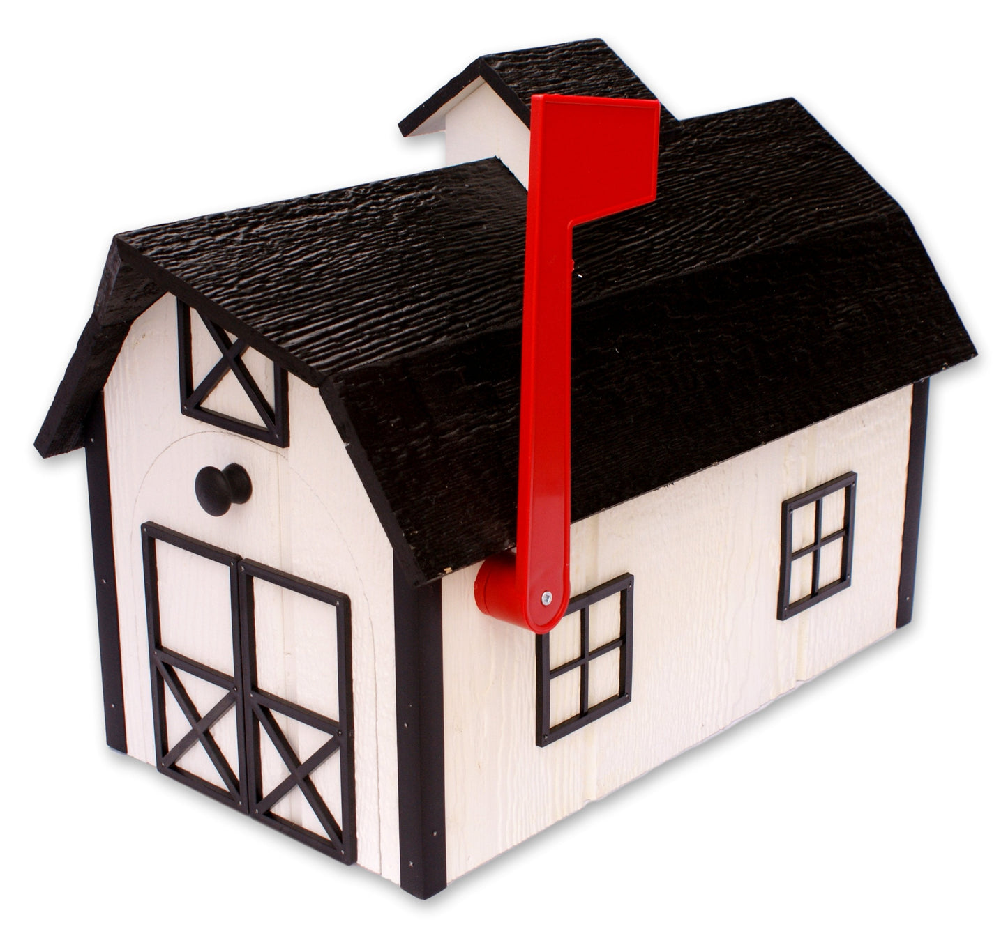 Amish-made wooden mailbox in Dutch barn style, post-mount design, crafted for durability and classic rural charm.